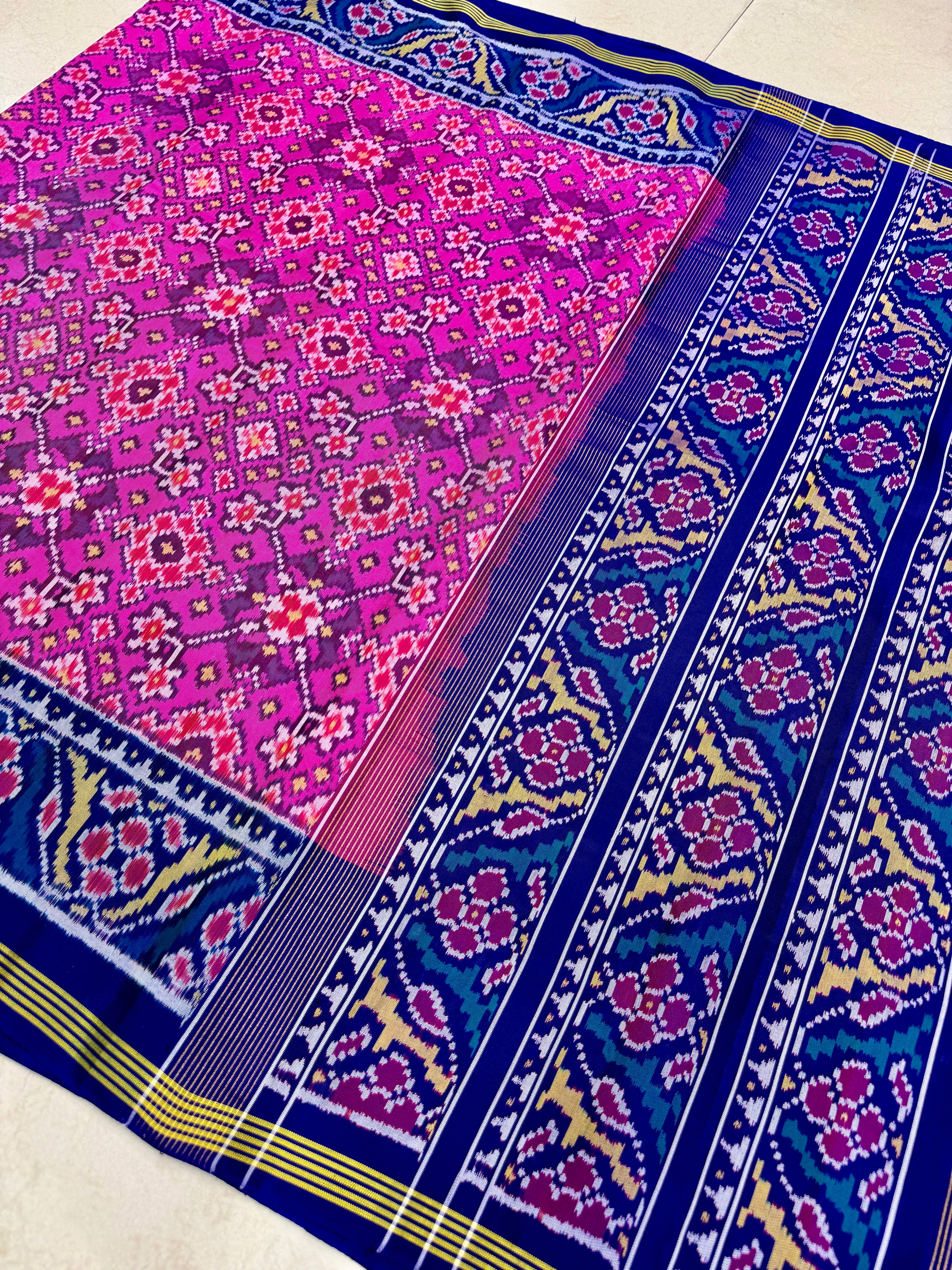 Rani Pink Blue Manek Chowk Pure Silk Handloom Patola Saree