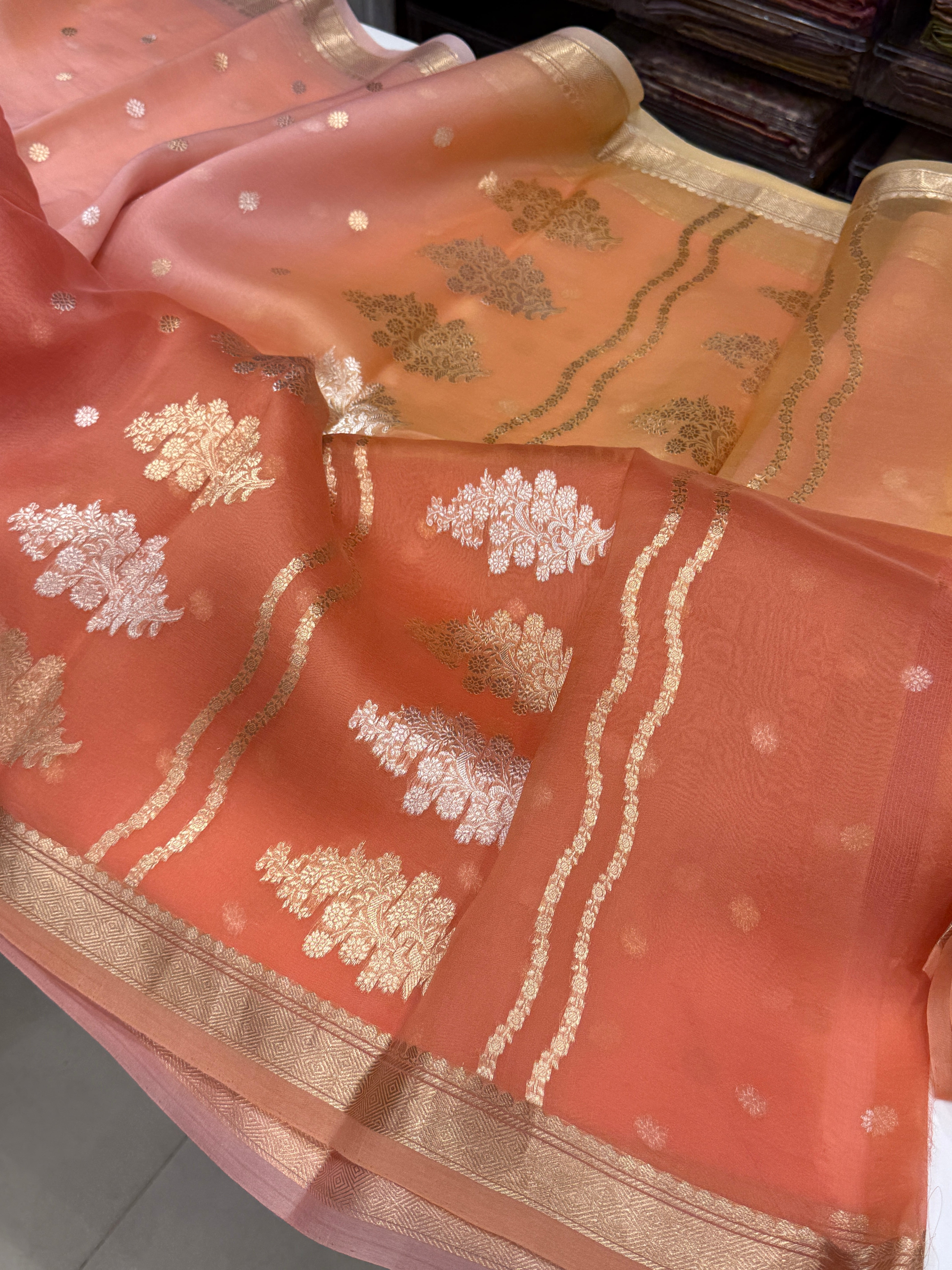 Orange Shaded Banarasi Handloom Kora Saree