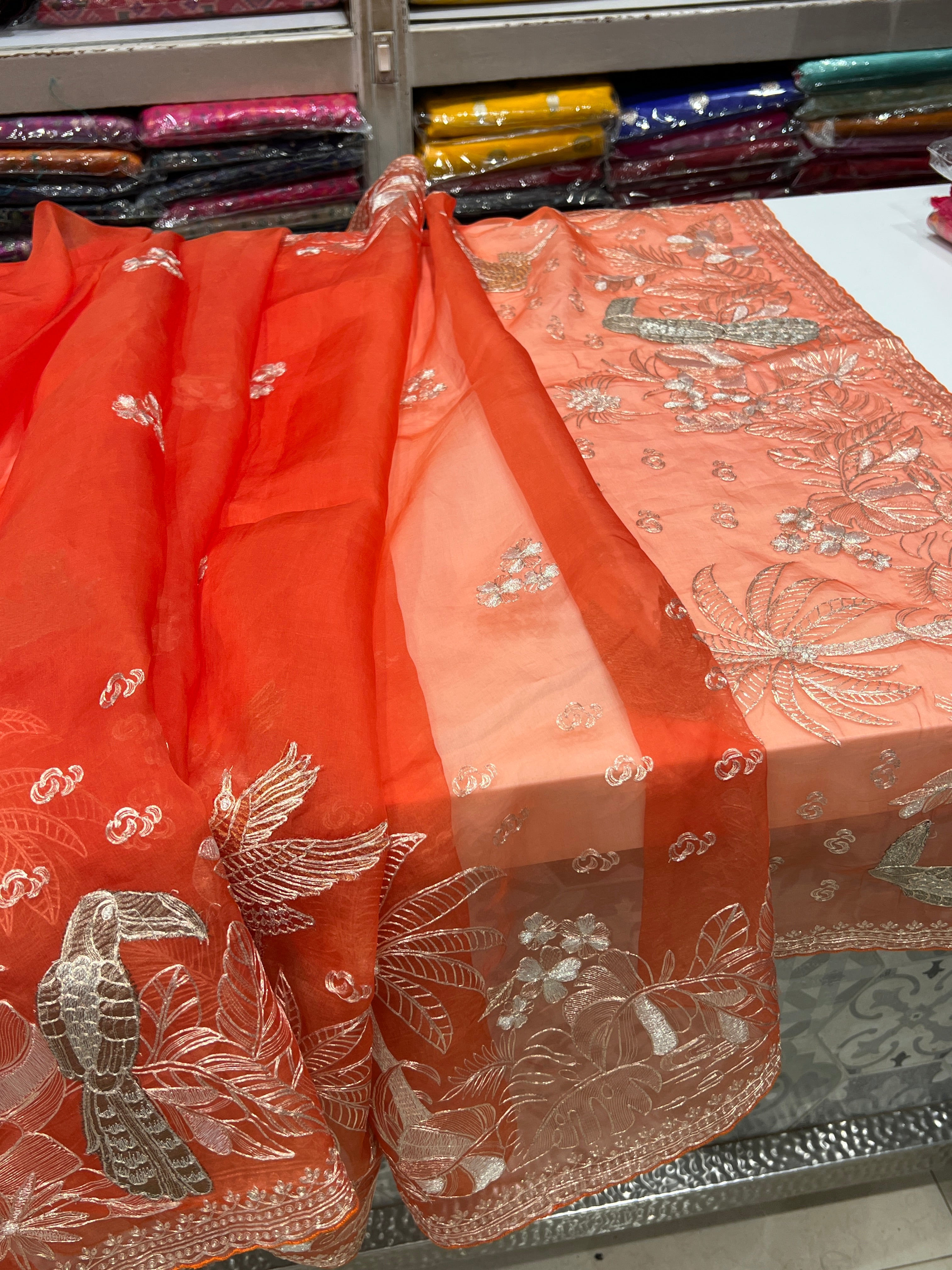 Orange Pitta Hand Embroidery Organza Saree