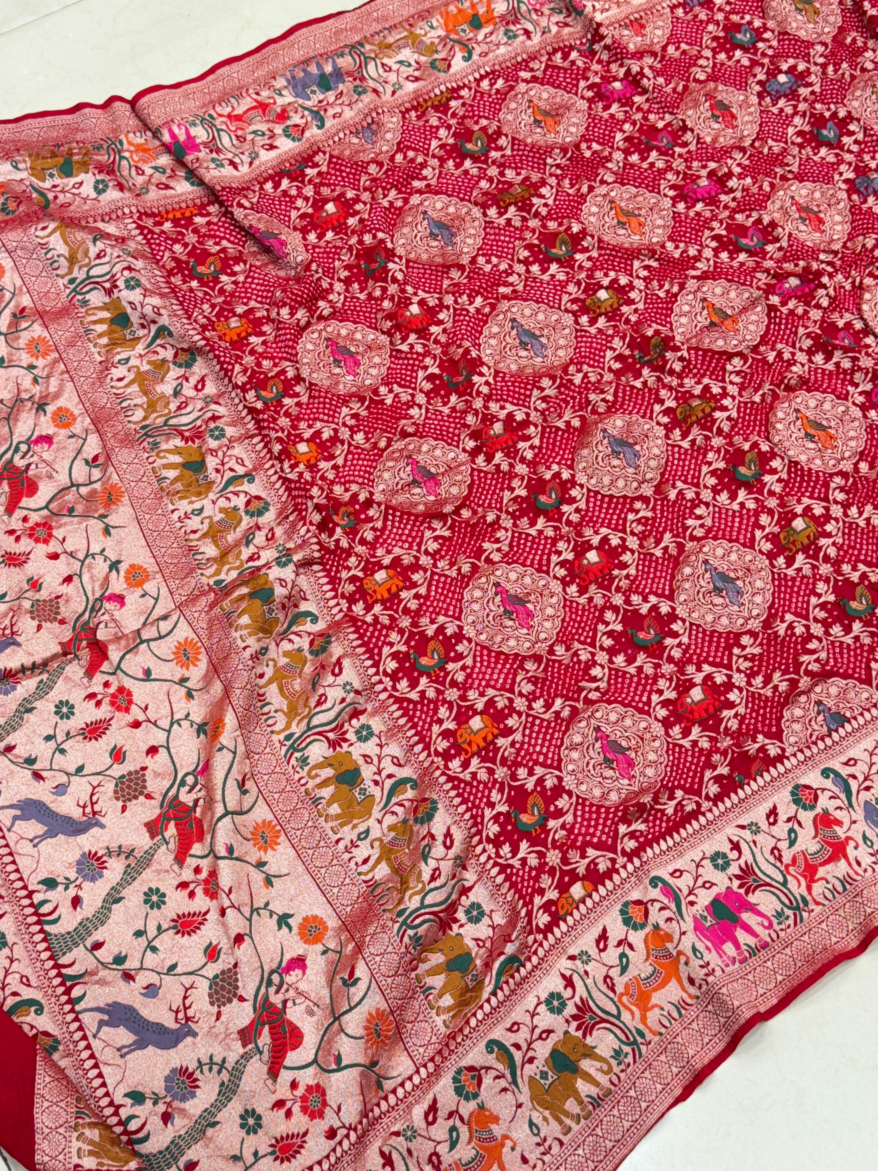 Red Handloom Meenakari Rai Bandhej Pure Zari Dupatta