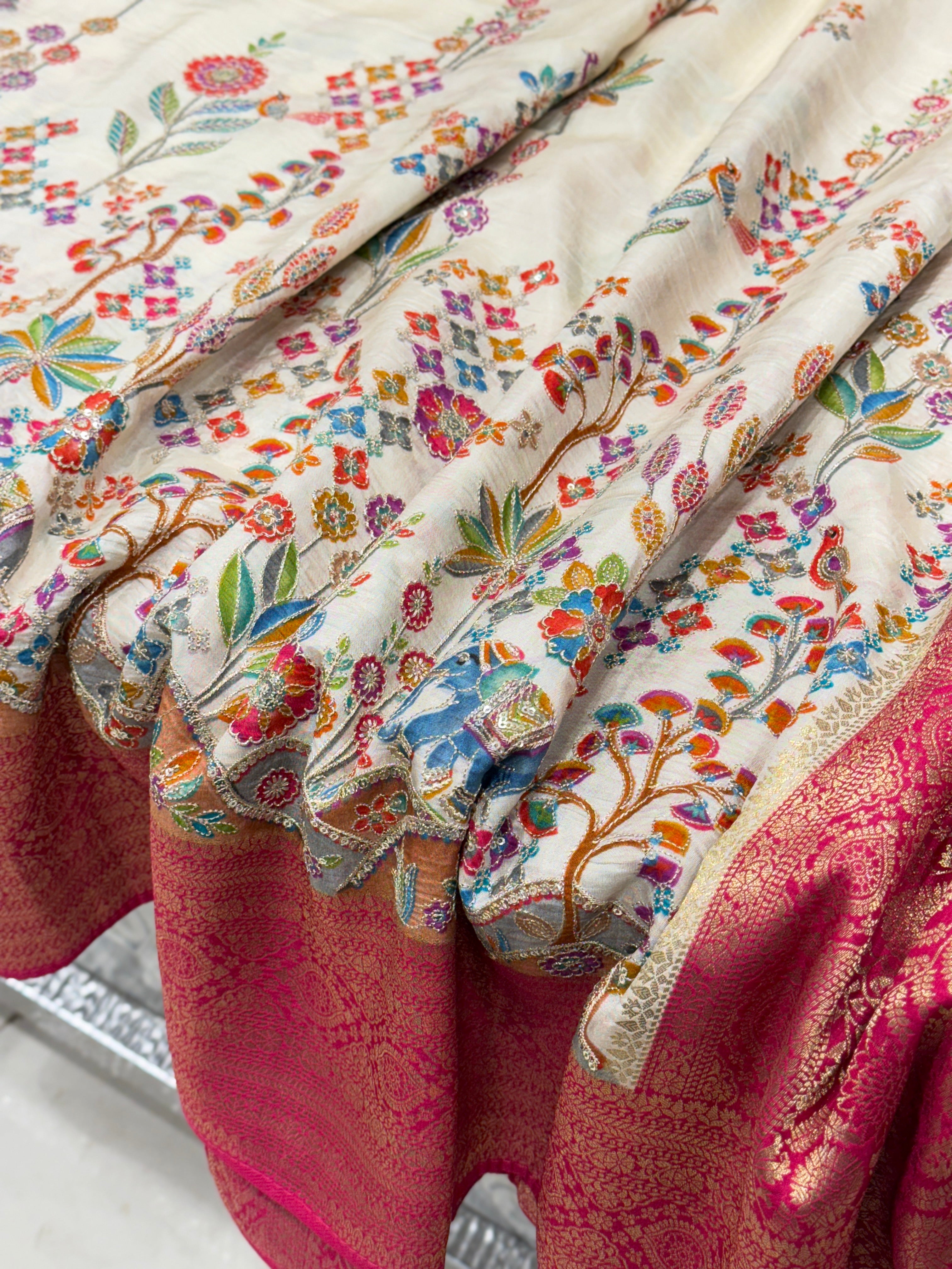 Beige Banarasi Munga With Pita Embroidery