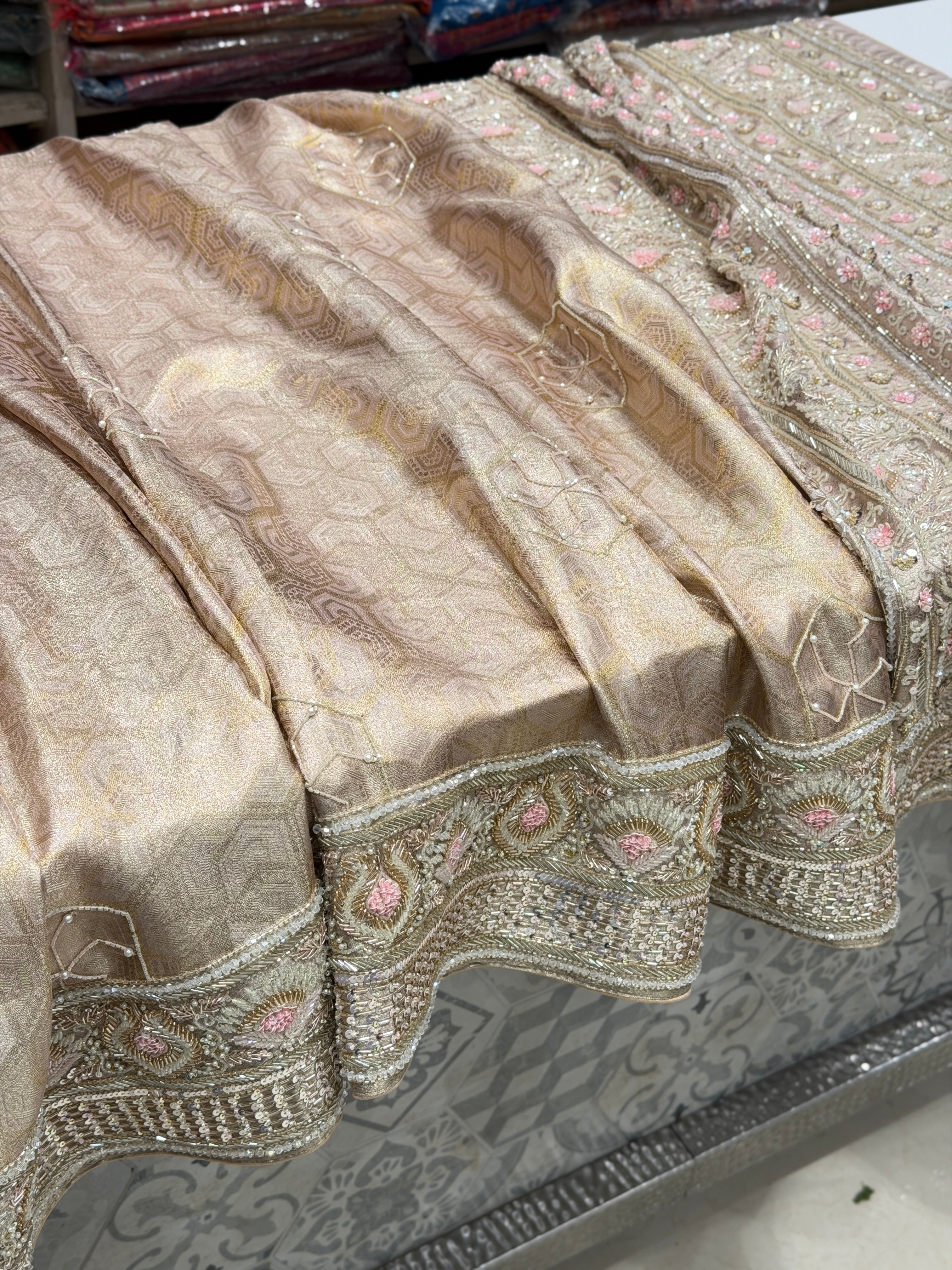 Nude Pink Silver Kanjivaram Three Zari Hand Embroidery Zardosi Moti Sequin Saree