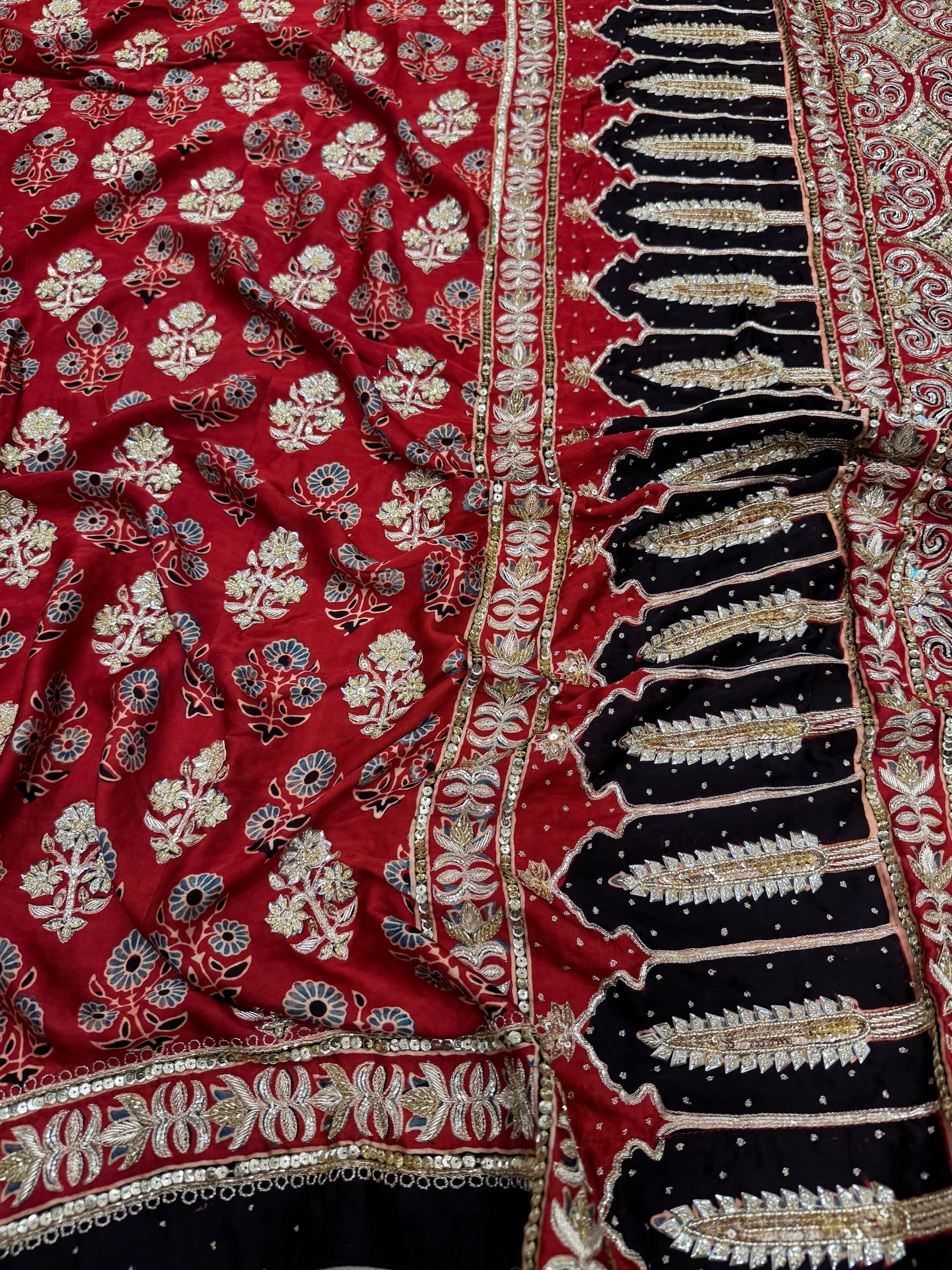 Red Floral Buttas Ajrakh Hand Embroidery Saree