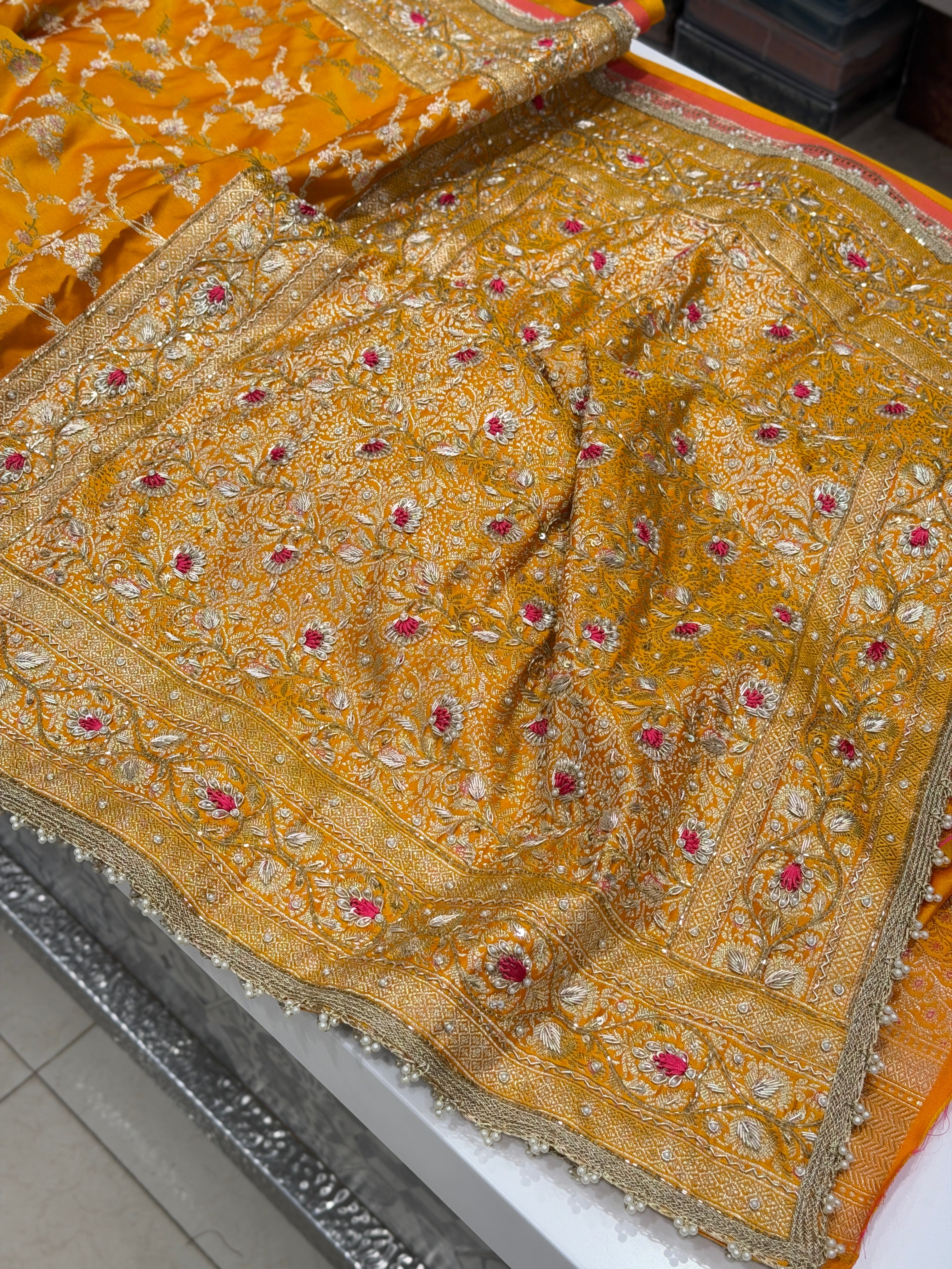 Mango Yellow Banarasi Jasmine Jaal Contrast Resham Embroidery Saree