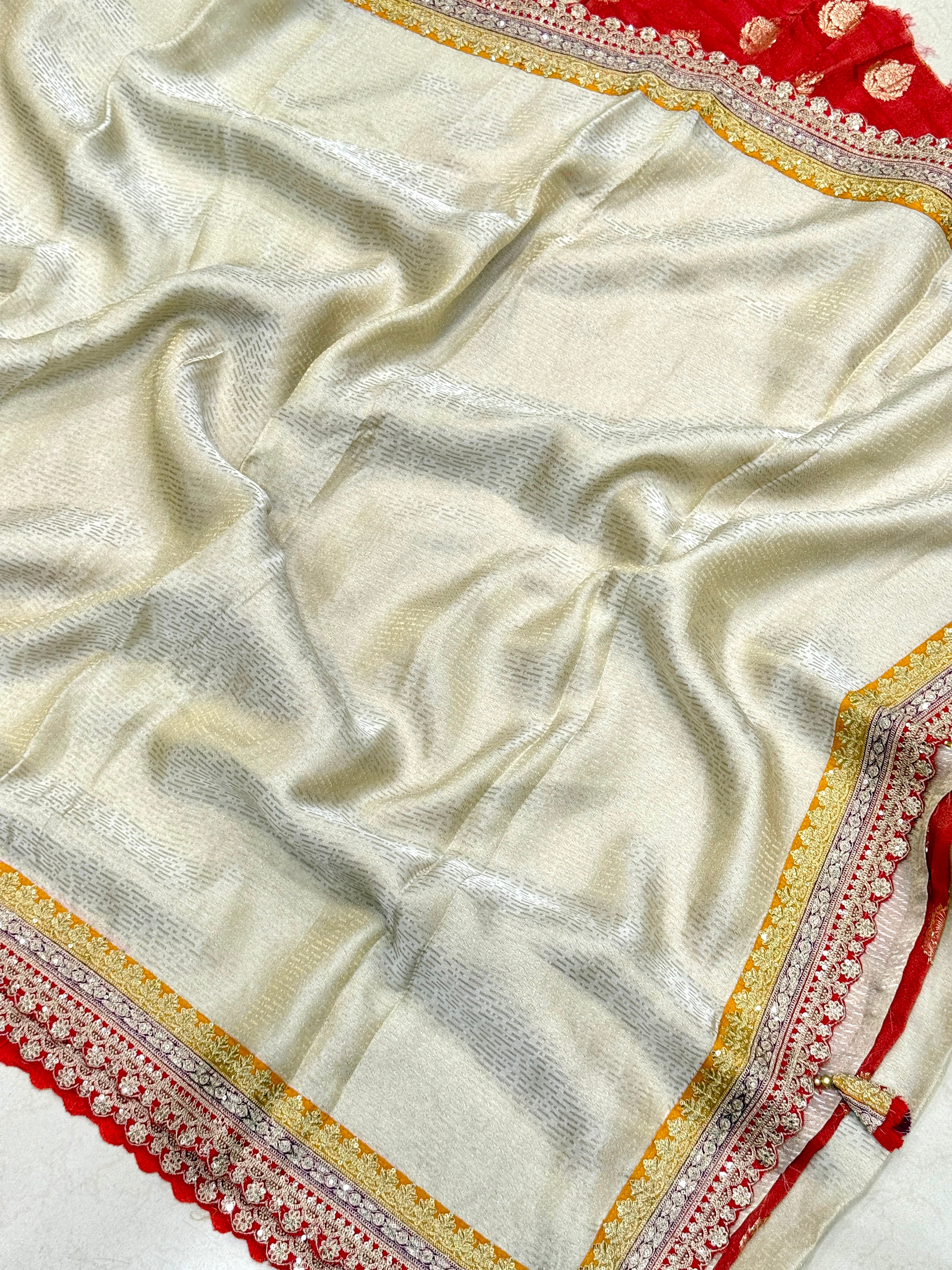 Crepe Tissue Weaved Contemporary Sabyasachi Inspired Red Border Saree