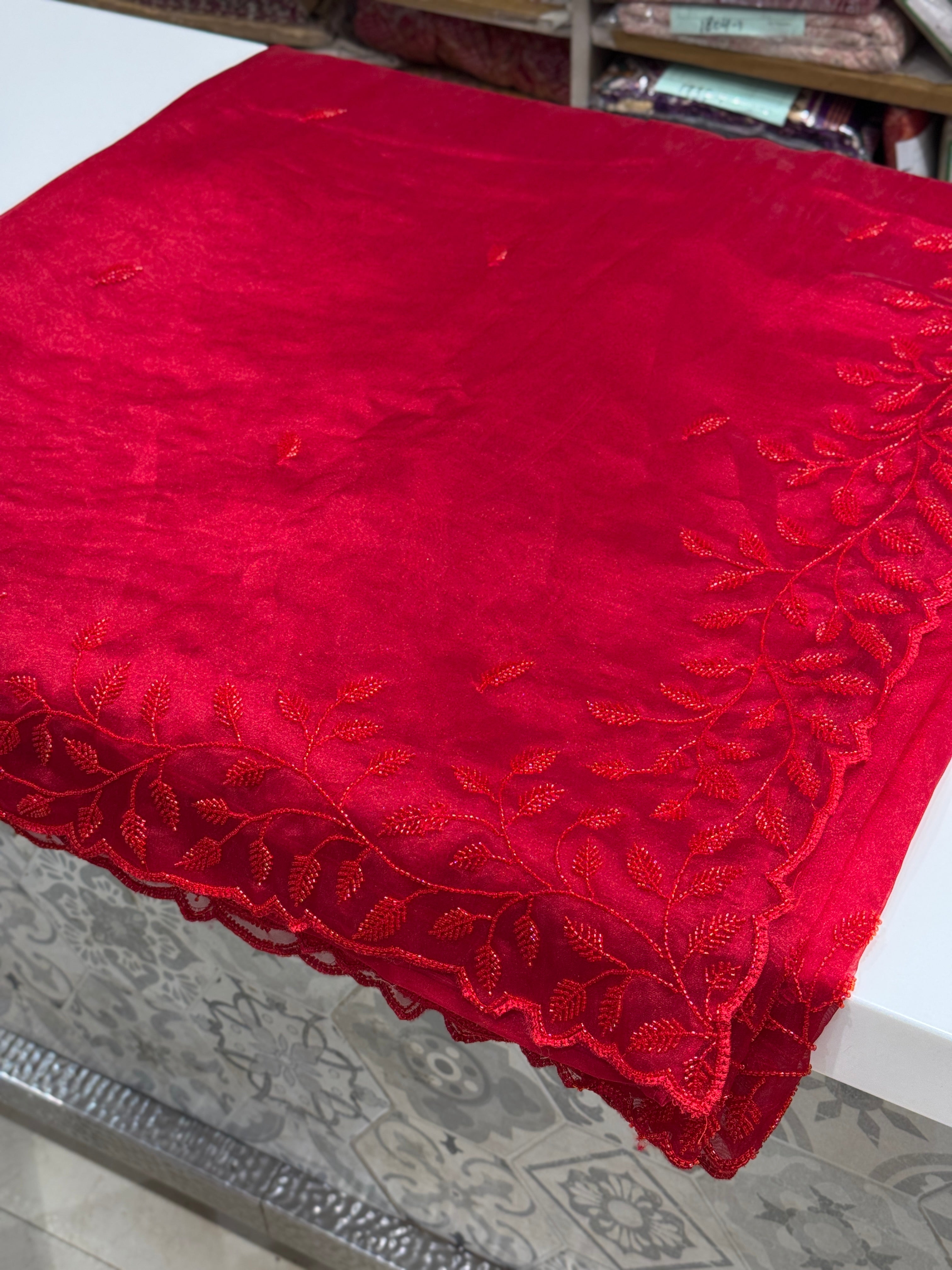 Red On Red Tissue Organza Self Work Saree