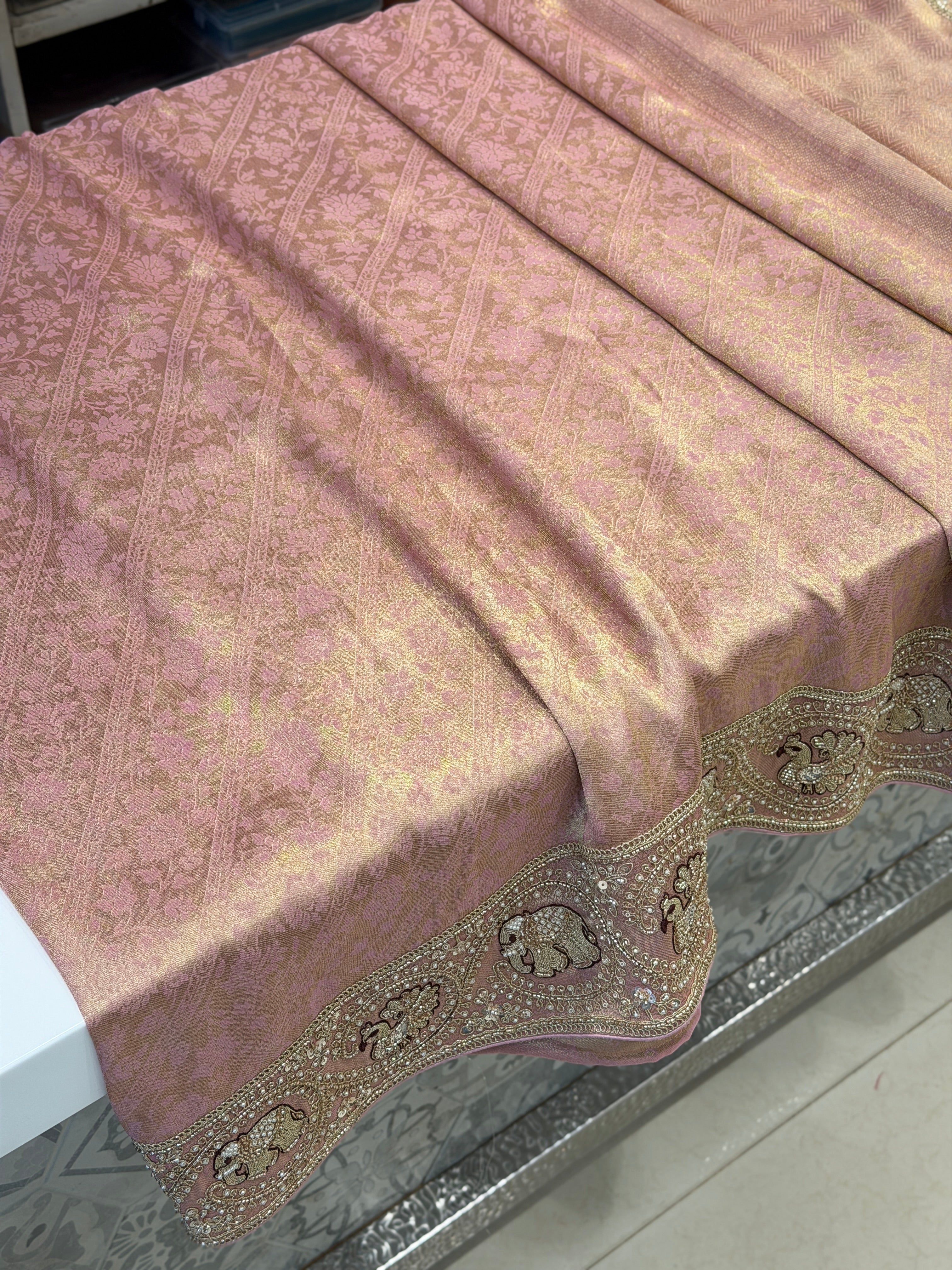 Light Pink Banarasi Crepe Tissue Elephant Motif Embroidery Saree