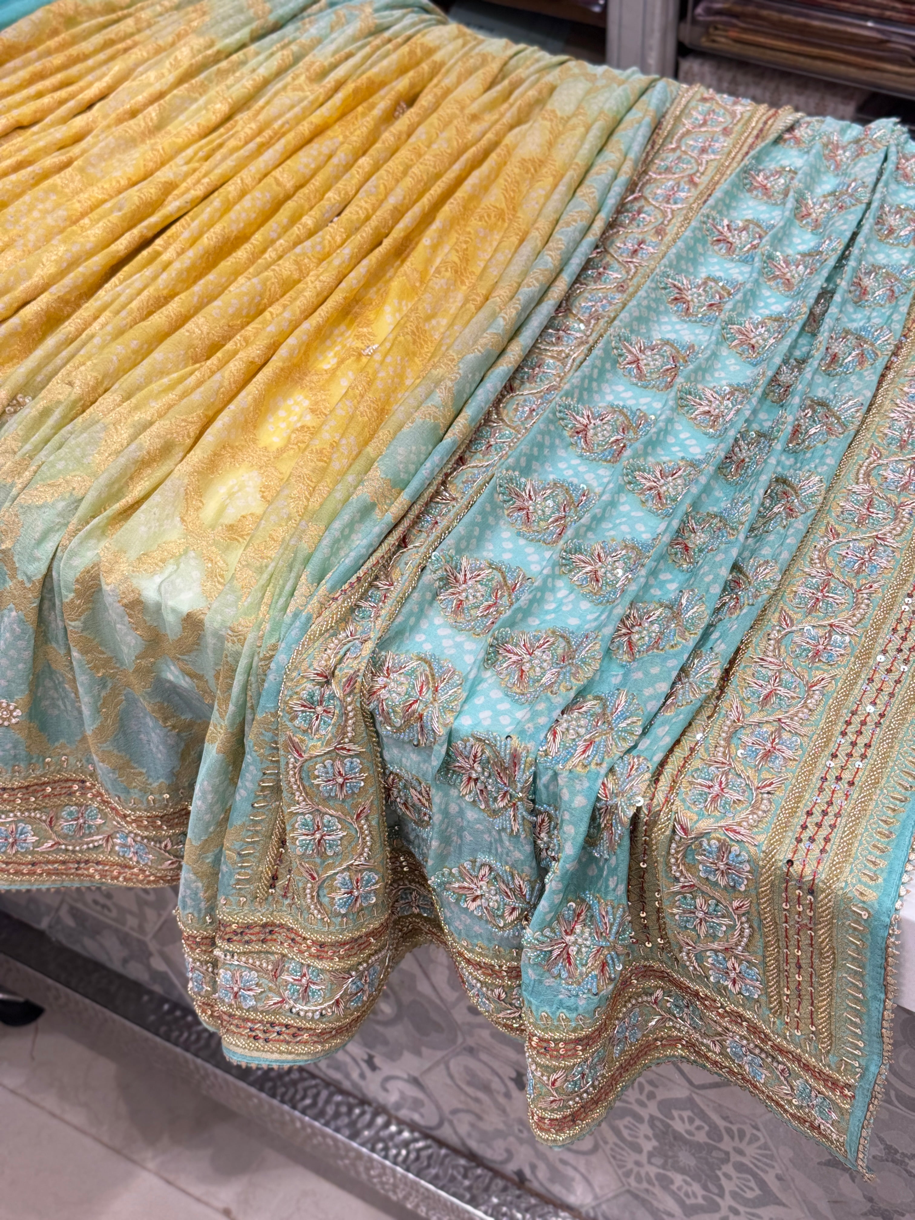 Pastel Shaded Bandhej Hand Embroidery Saree