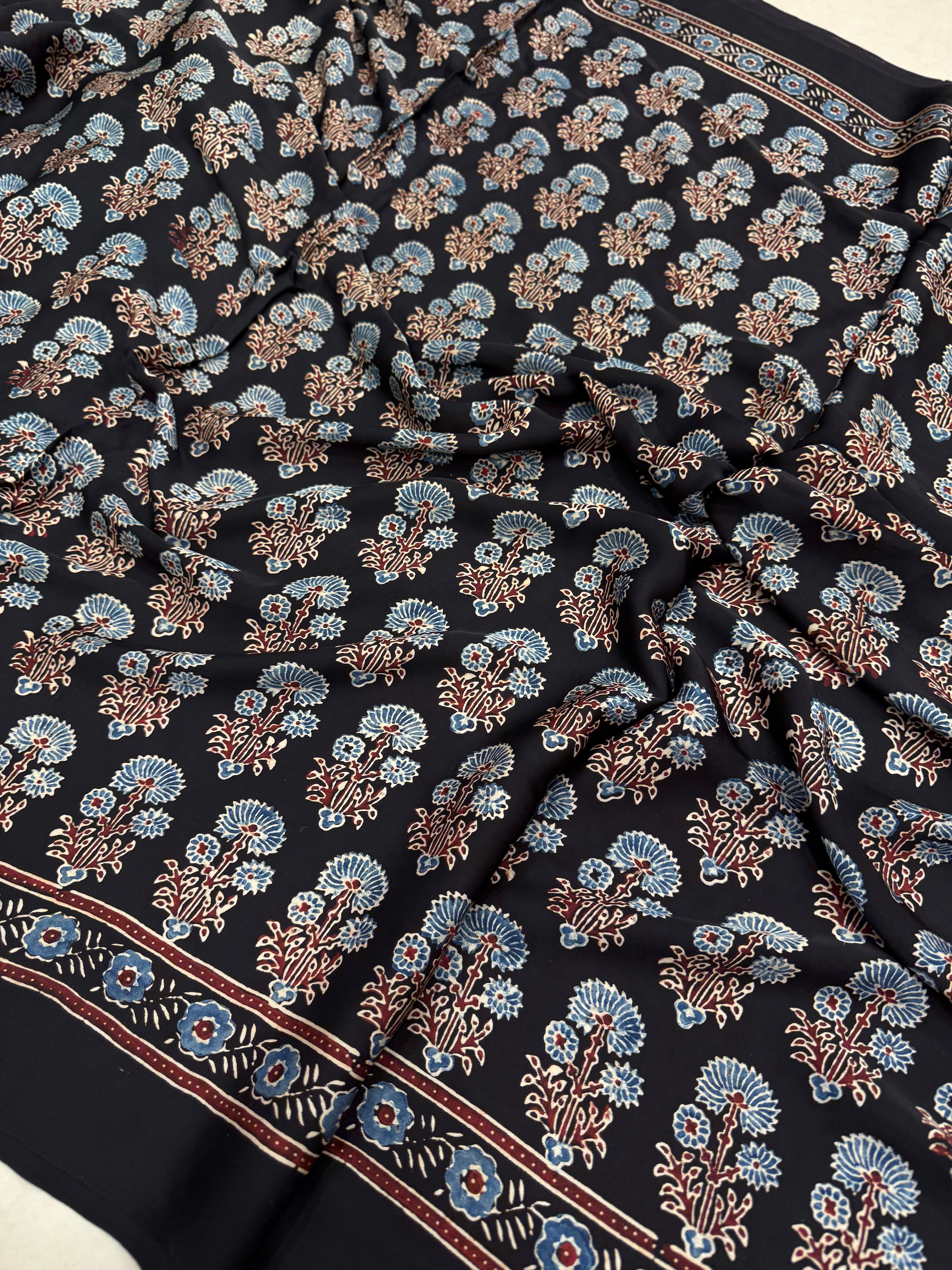 Black Big Buttis Ajrakh Block Print Hand Pure Gajji Silk Saree