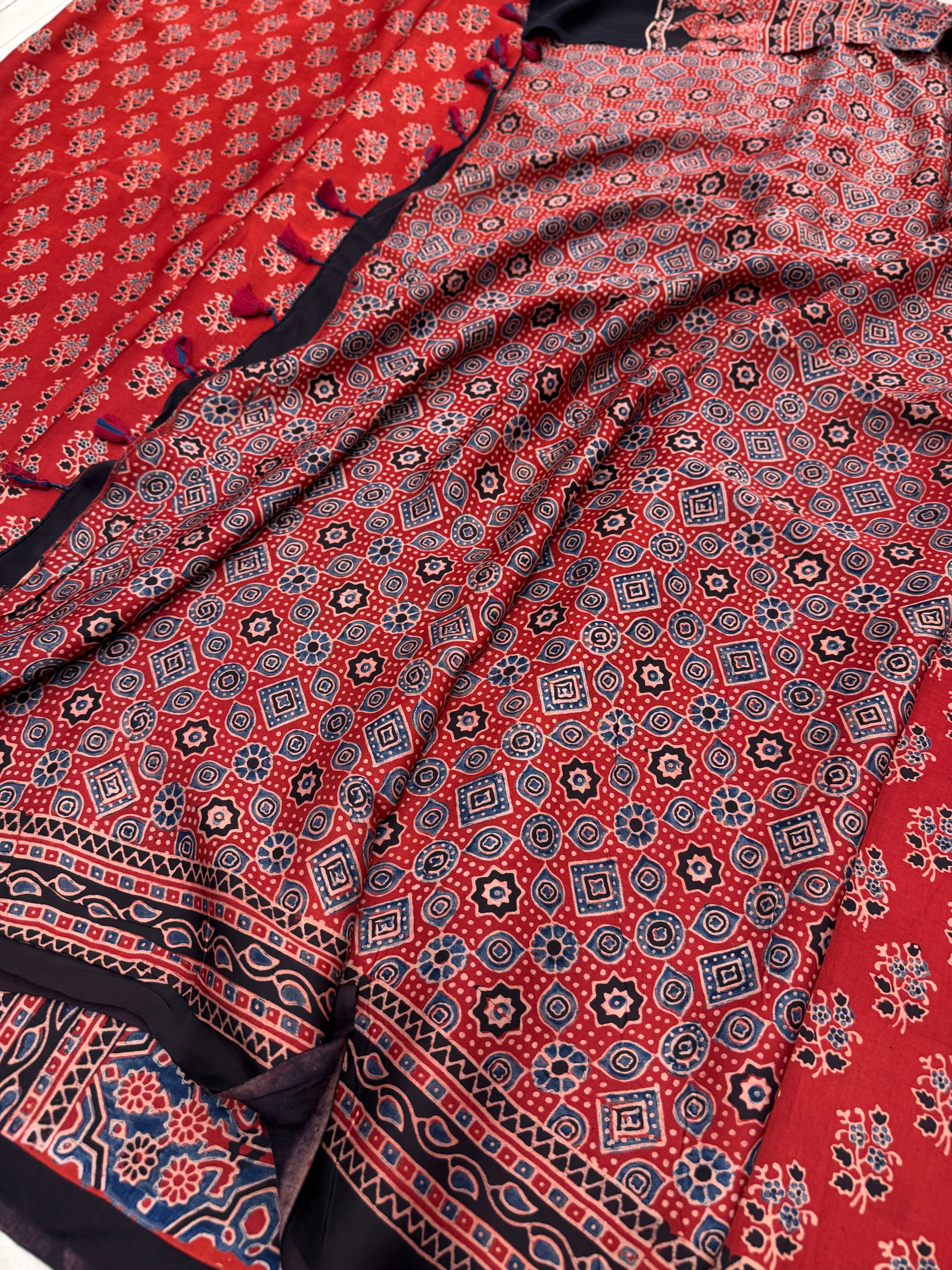 Red Buttis Ajrakh Block Print Hand Pure Gajji Silk Saree