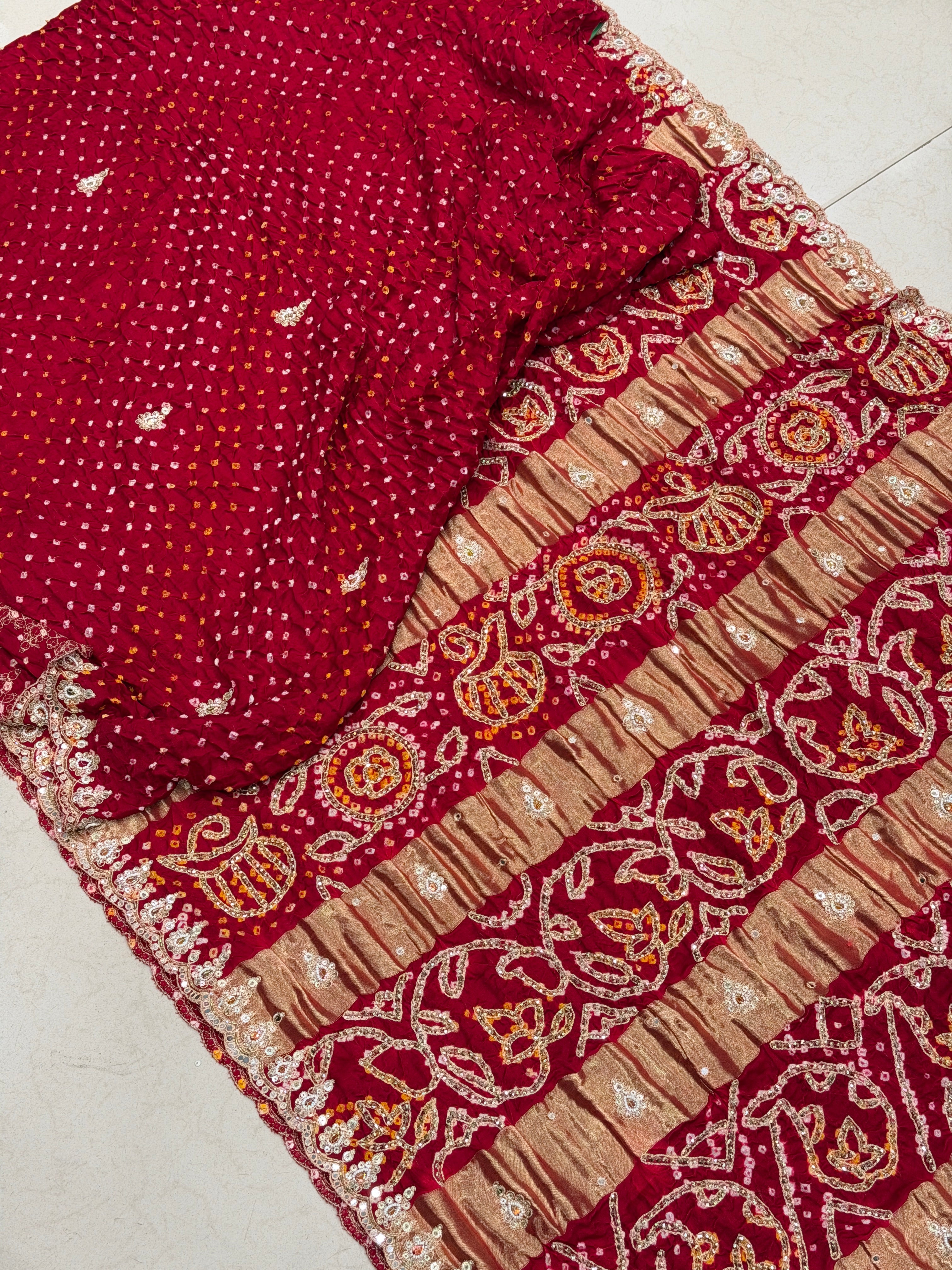 Maroon Half Half Gajji Silk Rai Bandhej Tila Hand Embroidery Saree