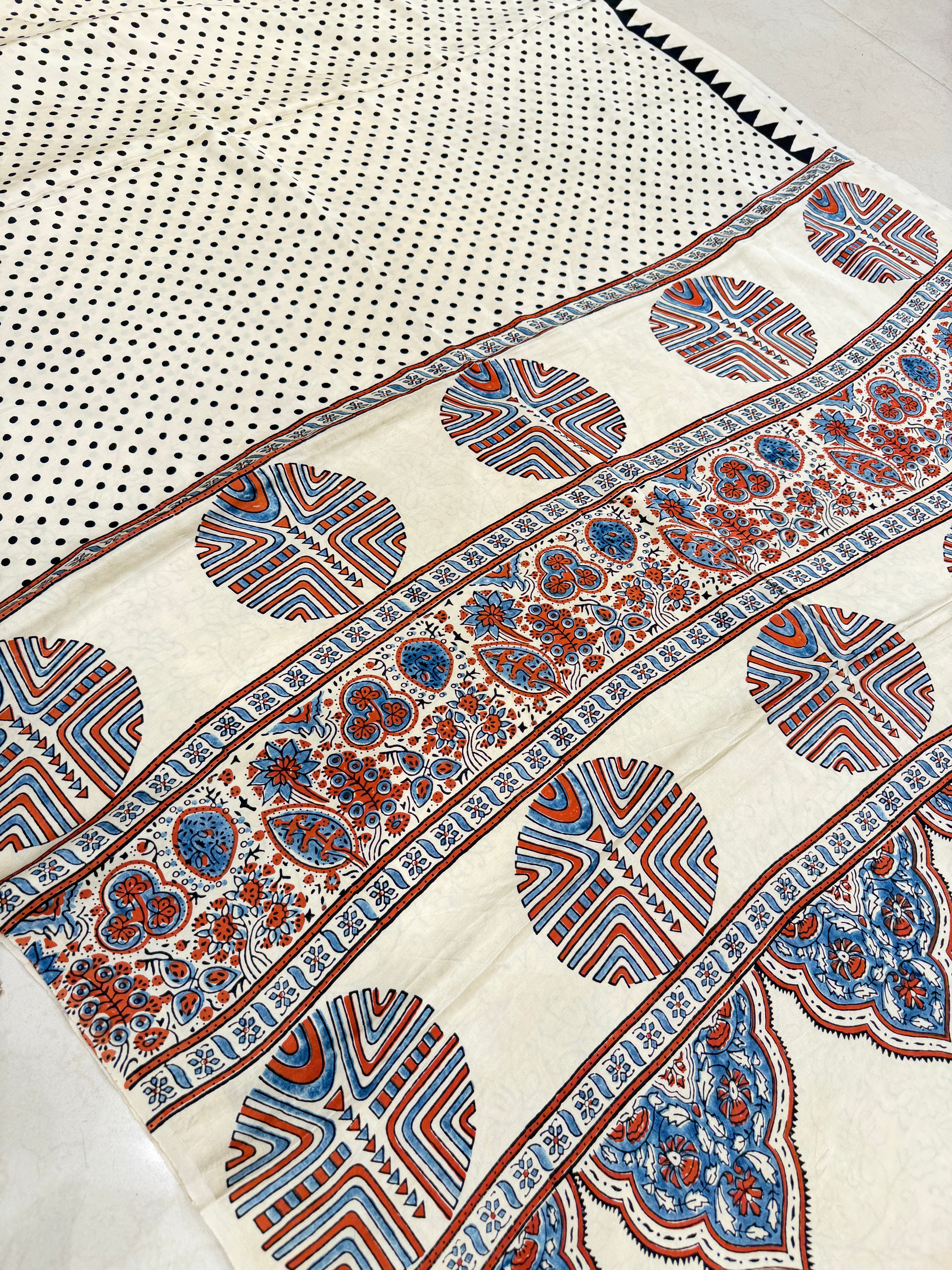 White Polka Dot Ajrakh Hand Block Print Pure Gajji Silk Saree