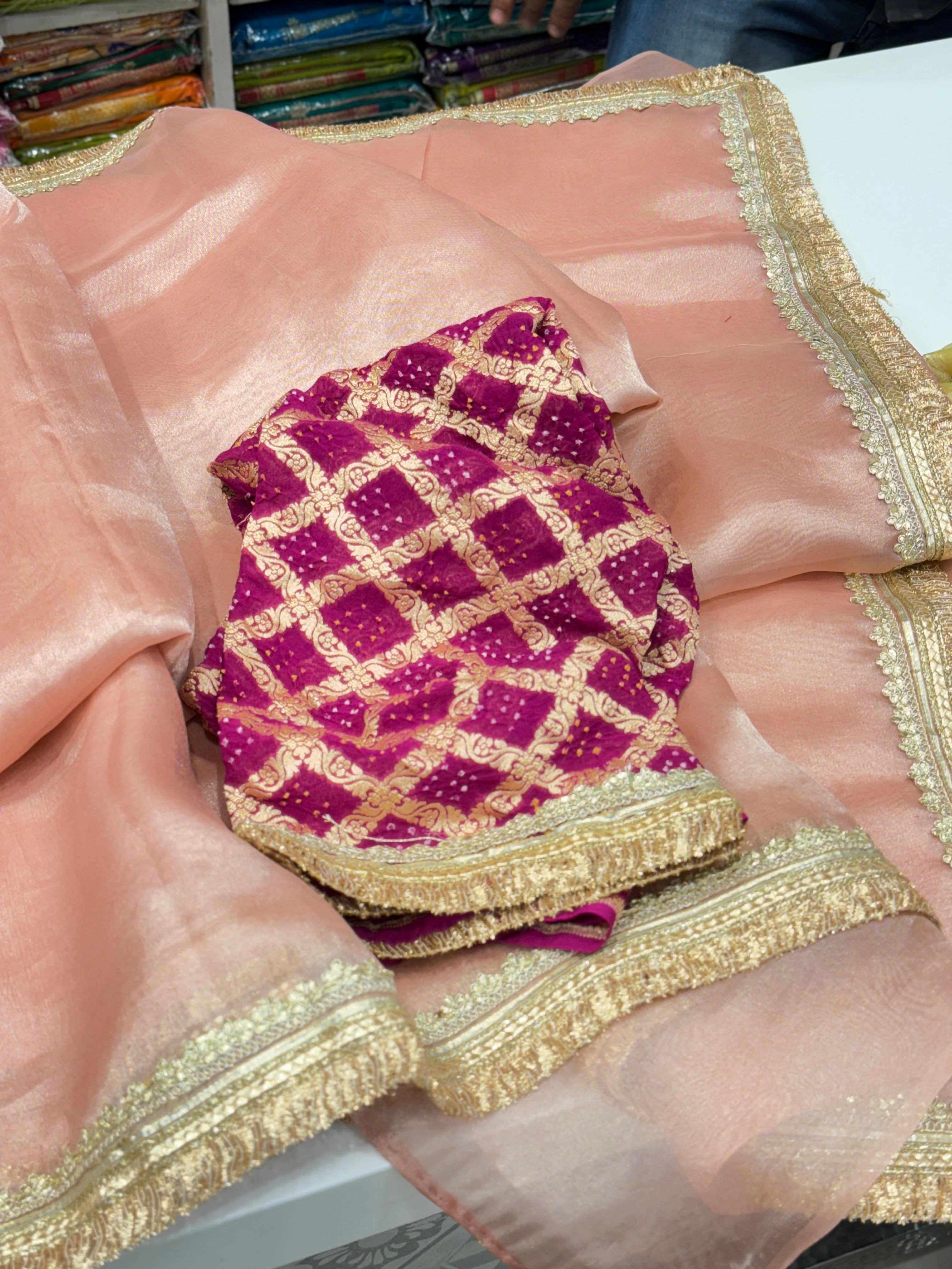 Peach Handloom Banarasi Tissue Saree With Bandhej Blouse