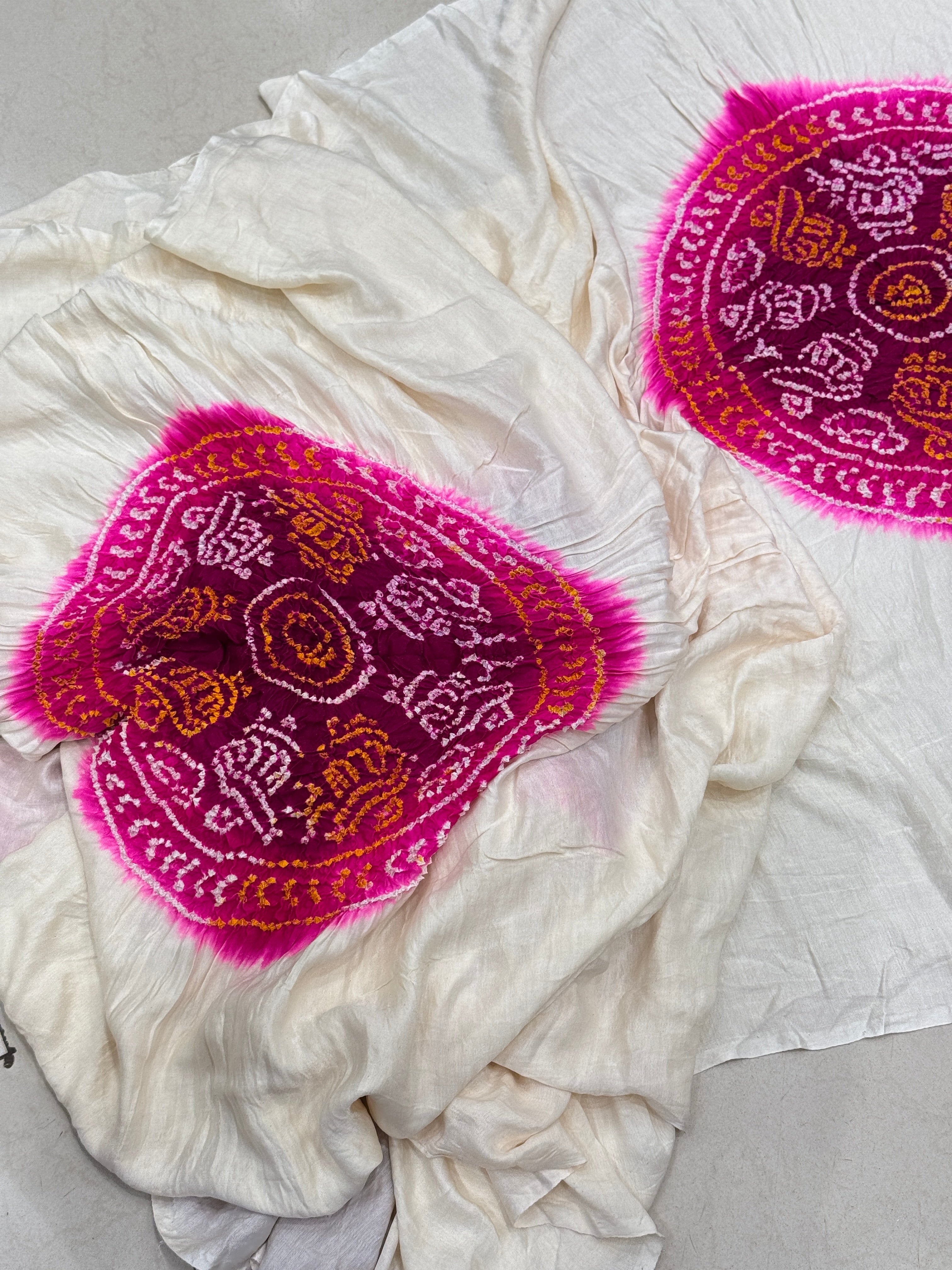 Moti White Gajji Silk Bandhej Bandhini Saree