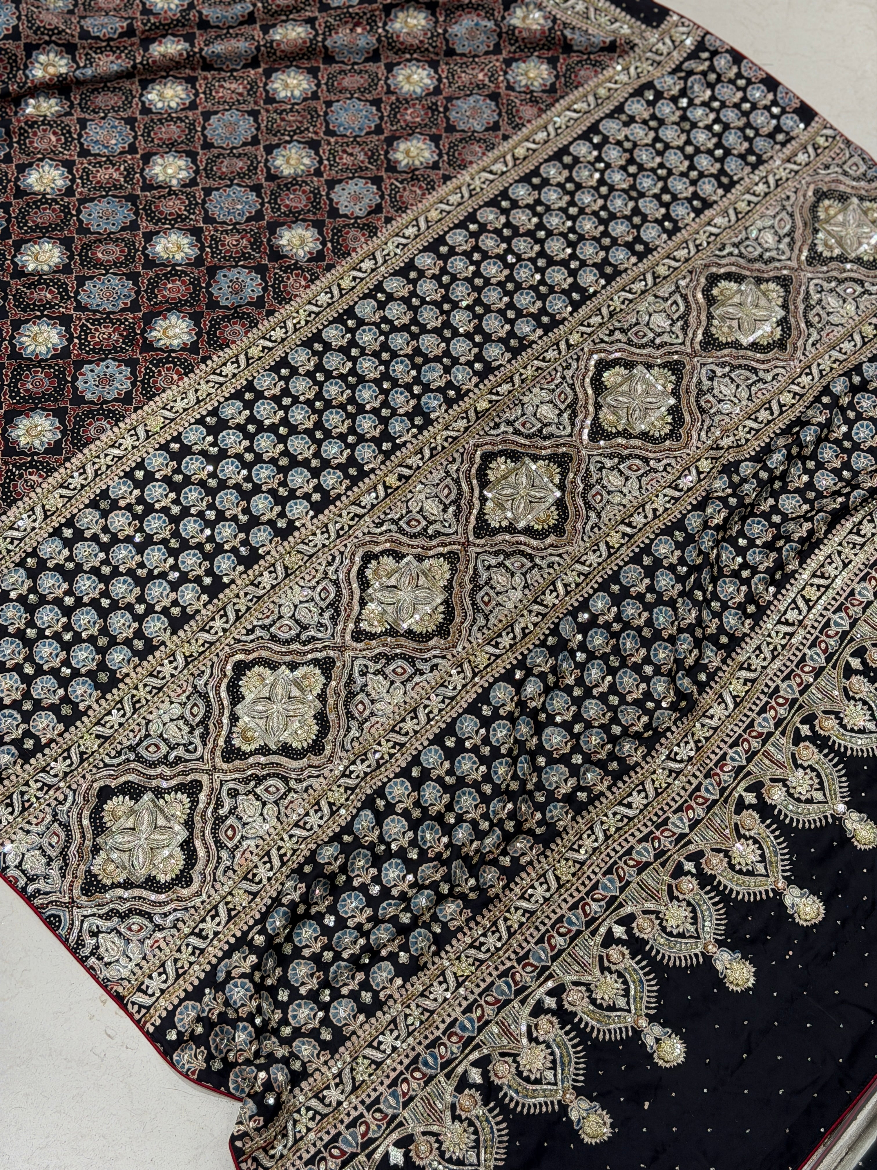 Black Floral Butta Pita Sequin Ajrakh Hand Embroidery Saree