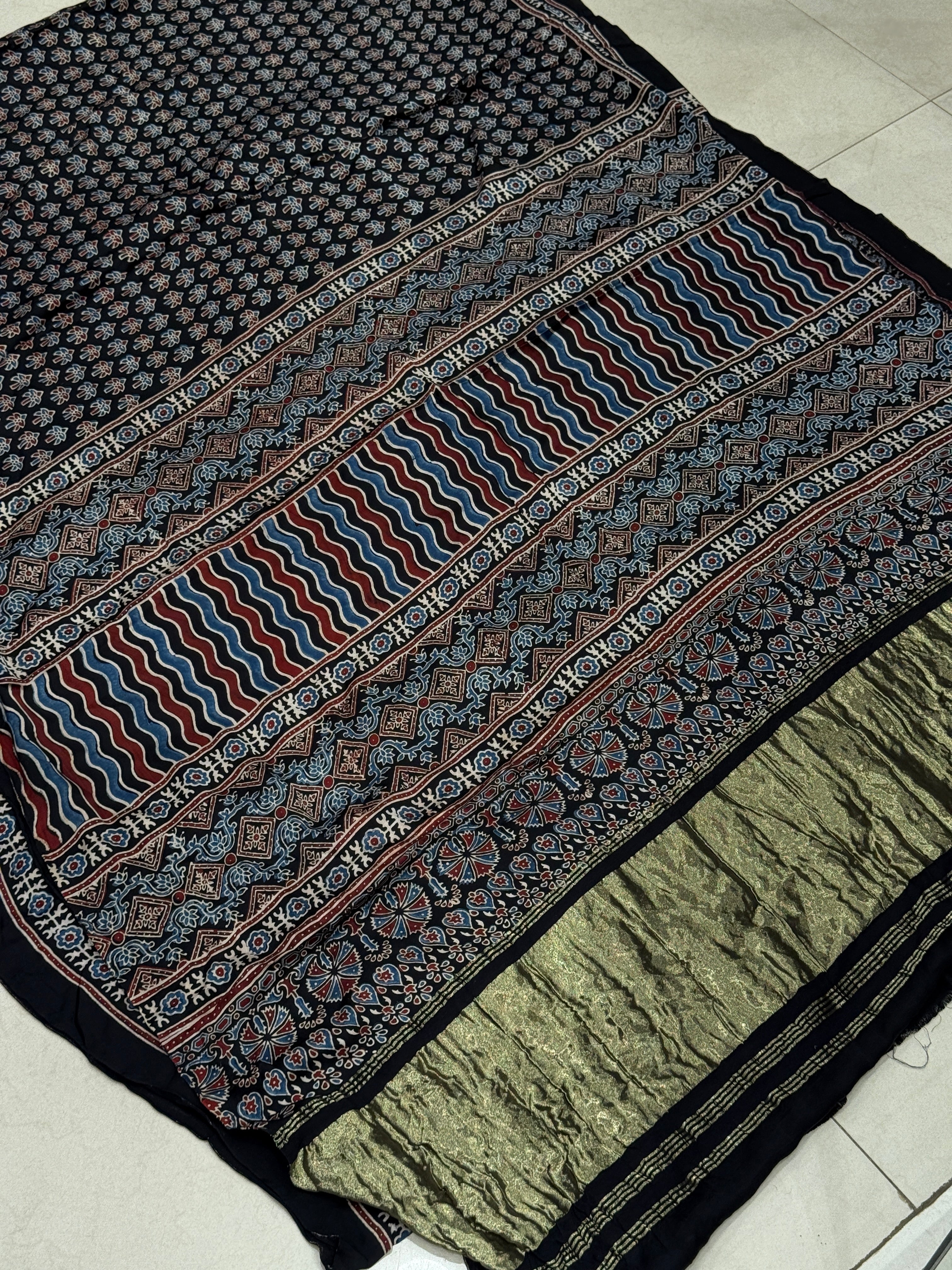 Black Small Tree Buttis Ajrakh Block Print Hand Pure Gajji Silk Saree