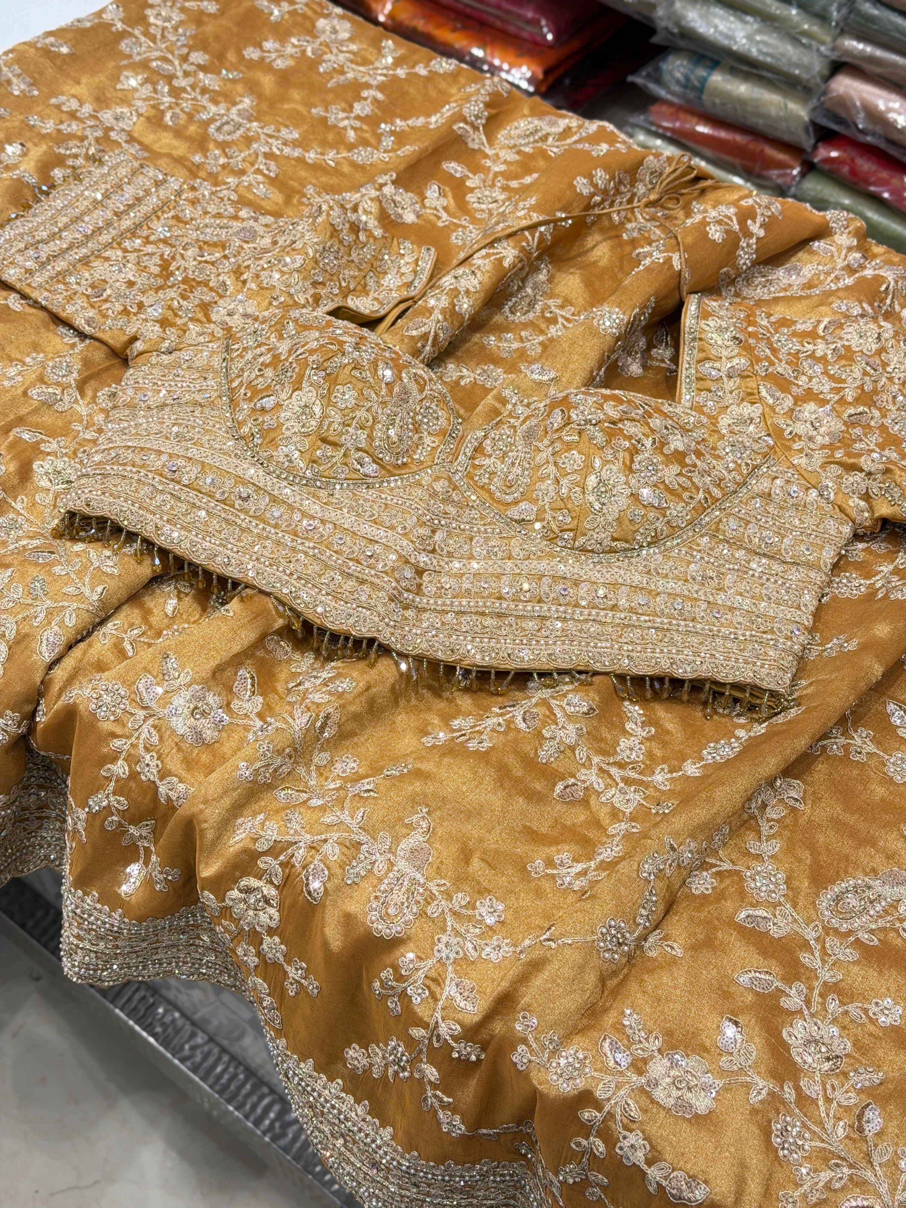 Yellow Tissue Embroidery Jaal Ready Blouse Saree