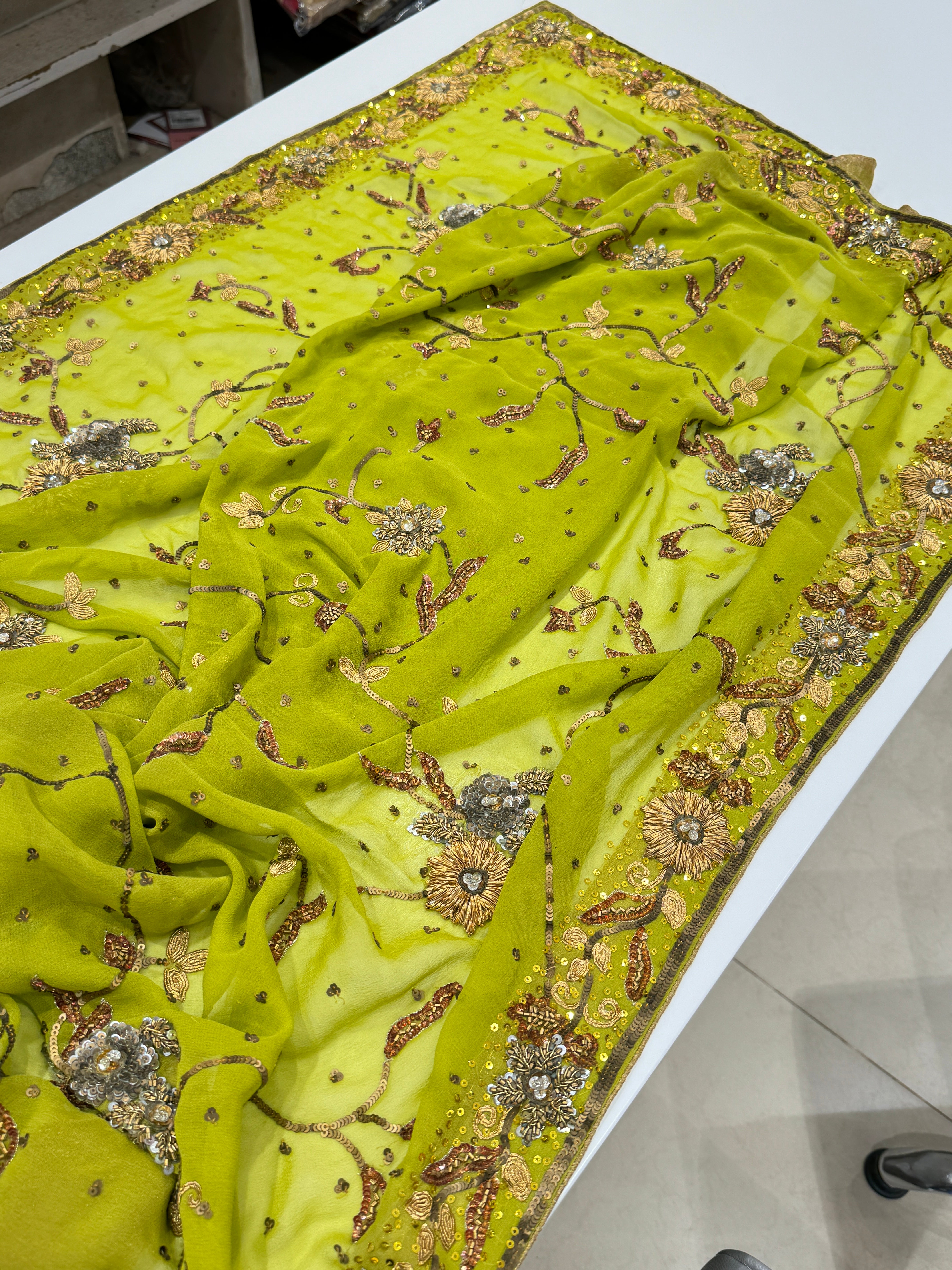 Green Georgette Antique Zardosi Hand Embroidery Saree