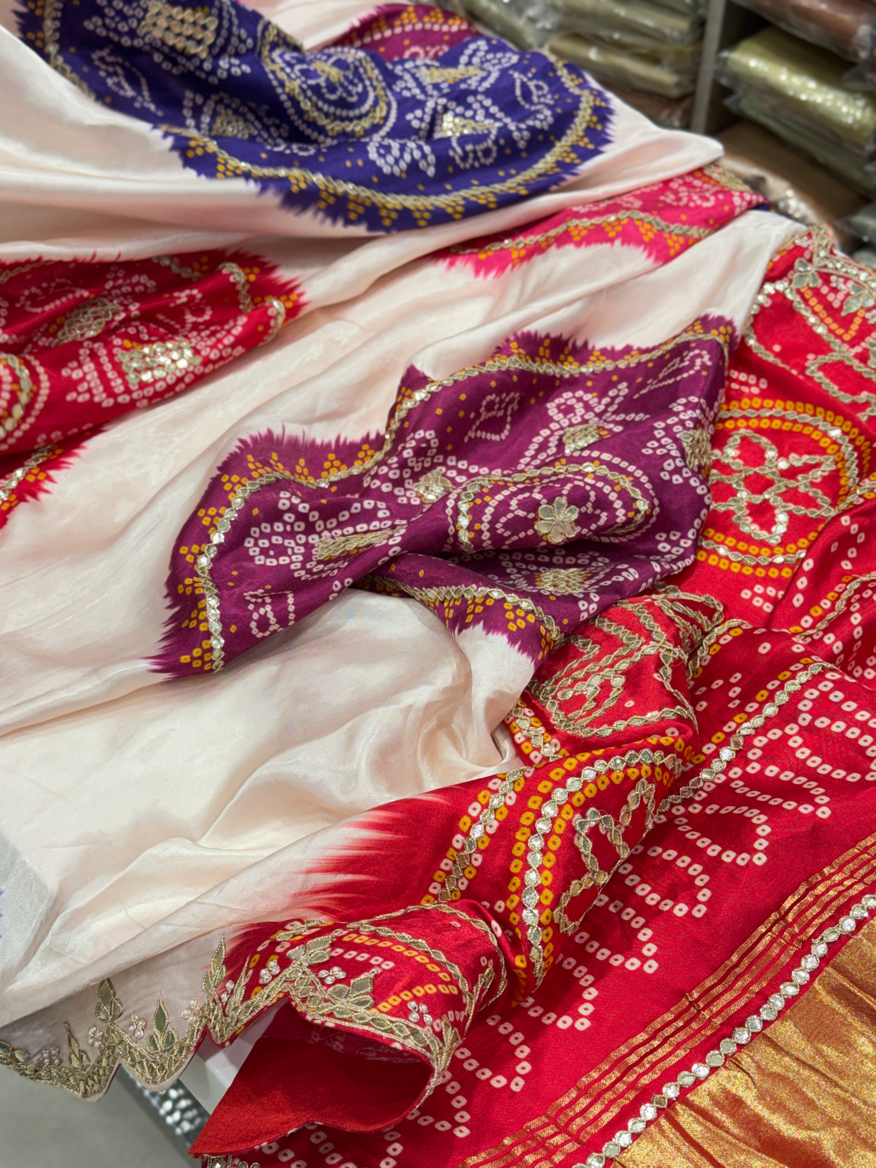 Moti White Gajji Silk Bandhej Print Hand Done Gotapatti Saree