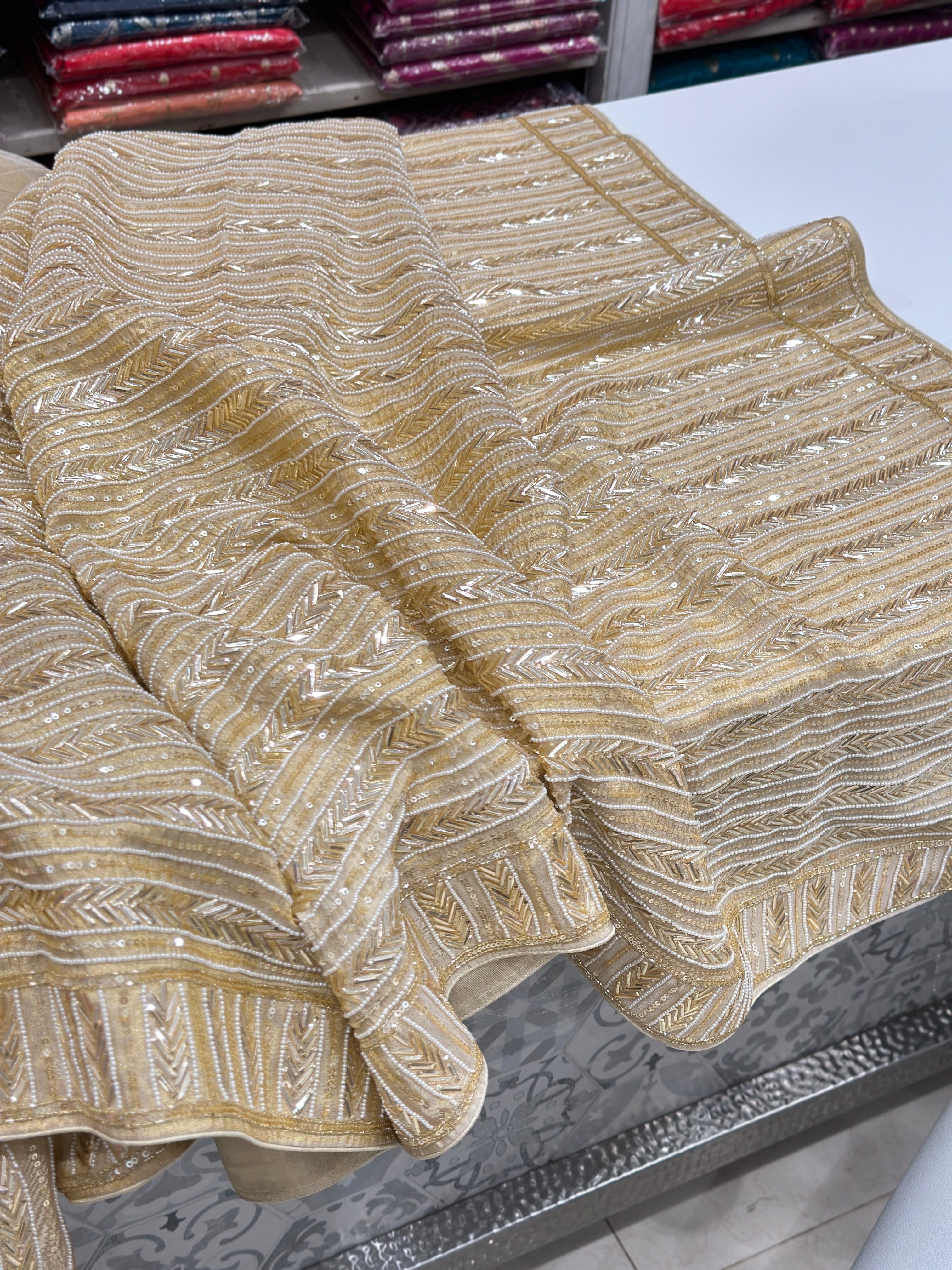 Golden Suhana Khan Inspired Crepe Tissue Hand Embroidery Sequin Saree