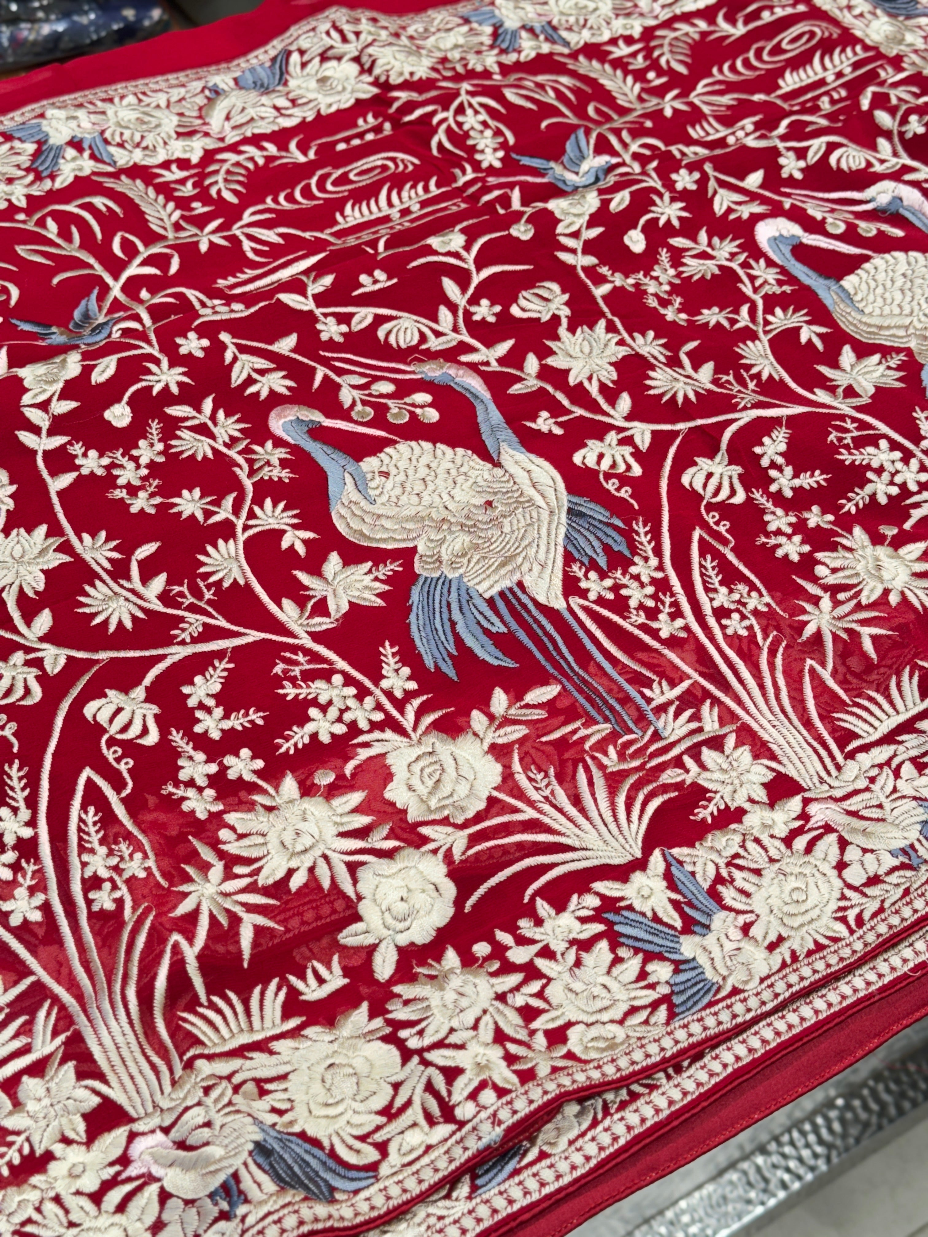 Red Georgette Flamingo Parsi Gara Saree