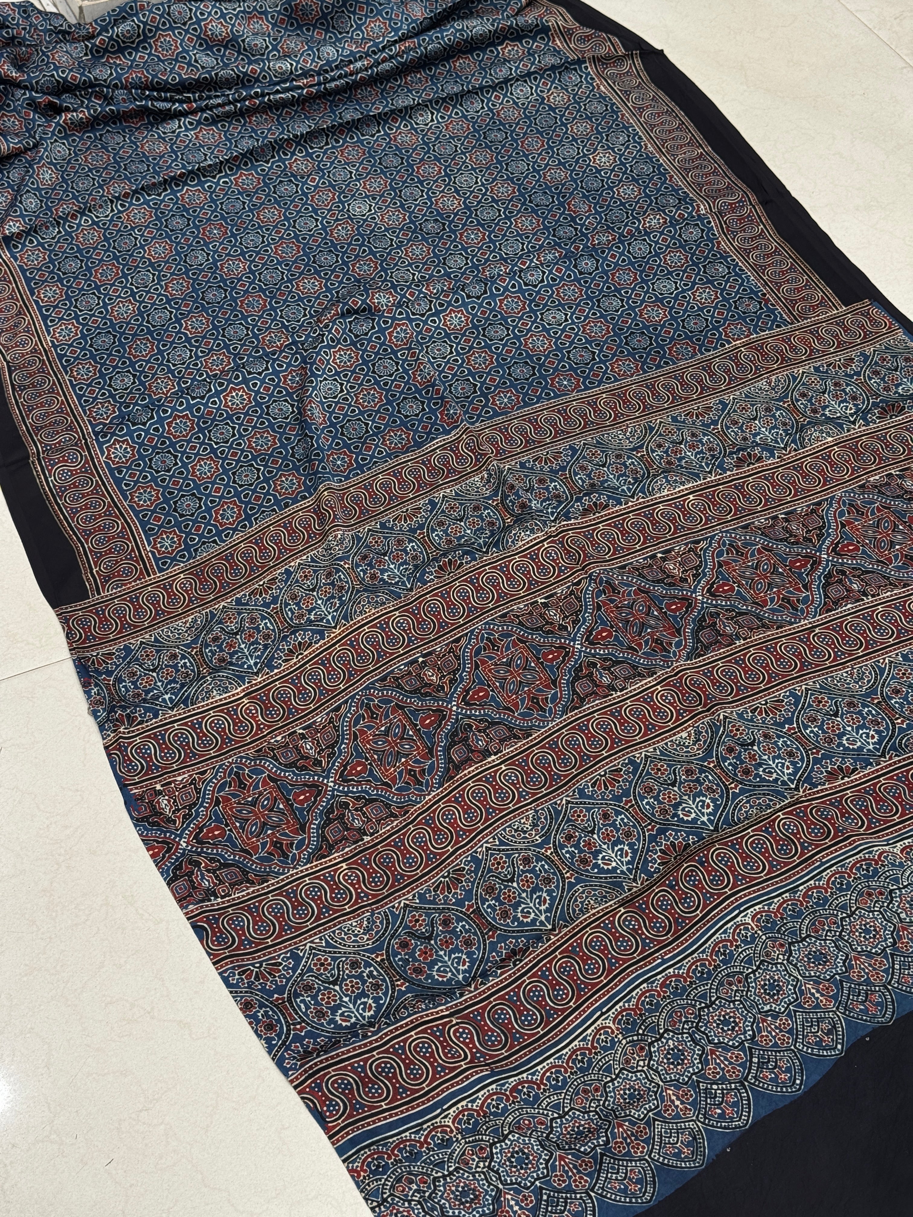 Blue Star Hand Block Print Ajrkah Pure Gajji Silk Saree