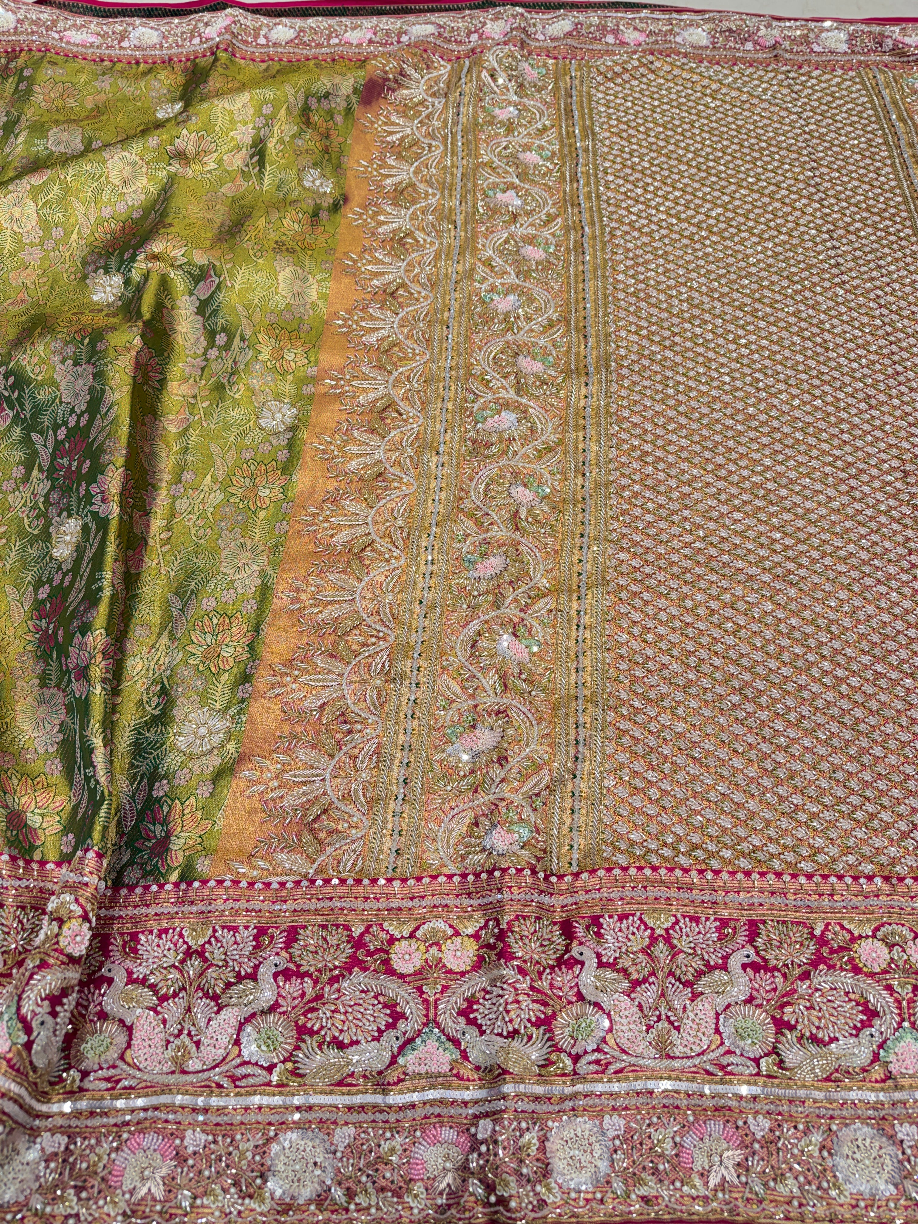 Green Contrast Meenakari Tissue Kanjivaram Zardosi Hand Embroidery Saree