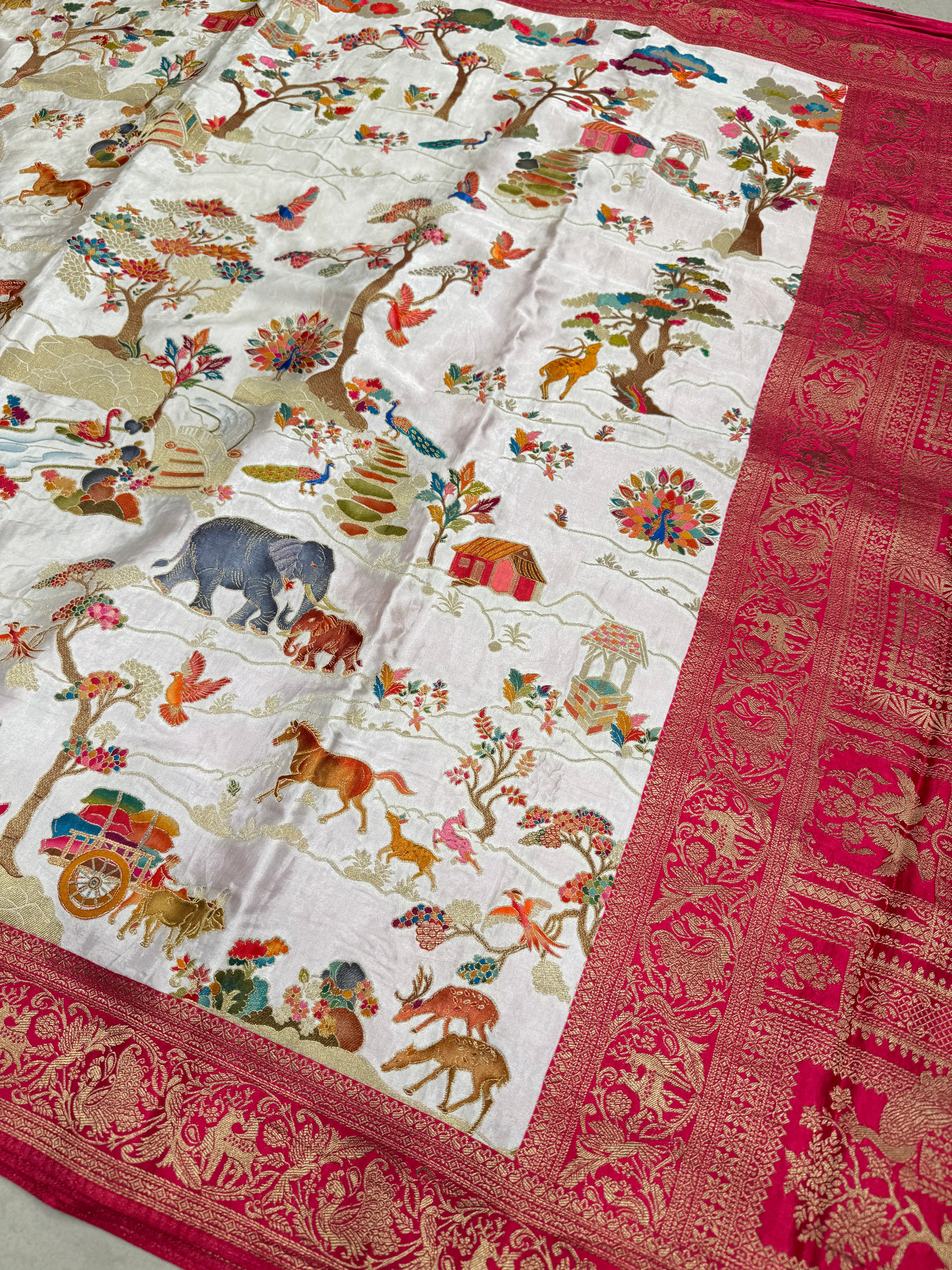 Moti White Modal Shikara Banarasi Saree