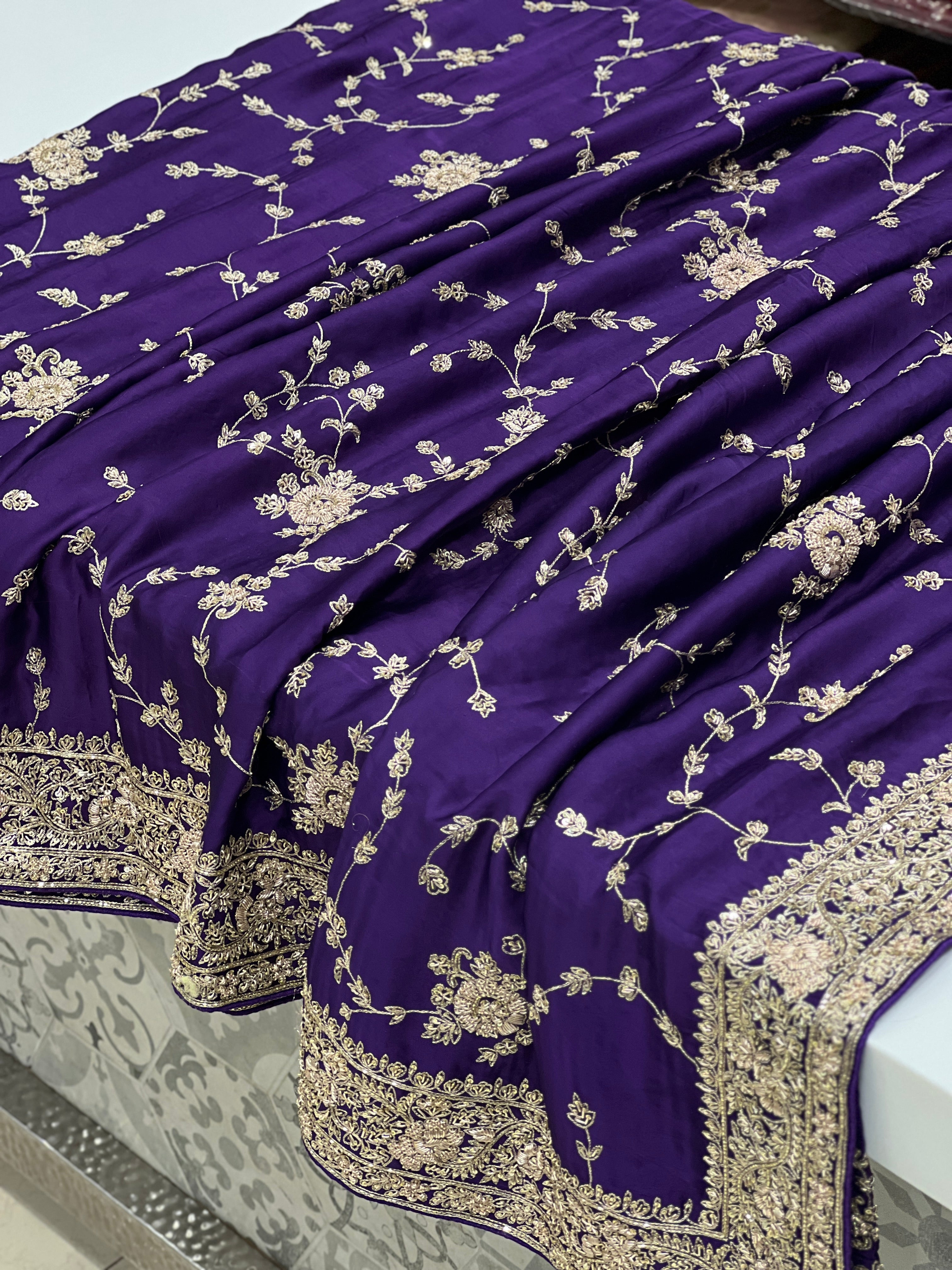 Violet Hand Embroidery Jaal Pure Satin Zardosi Embroidery