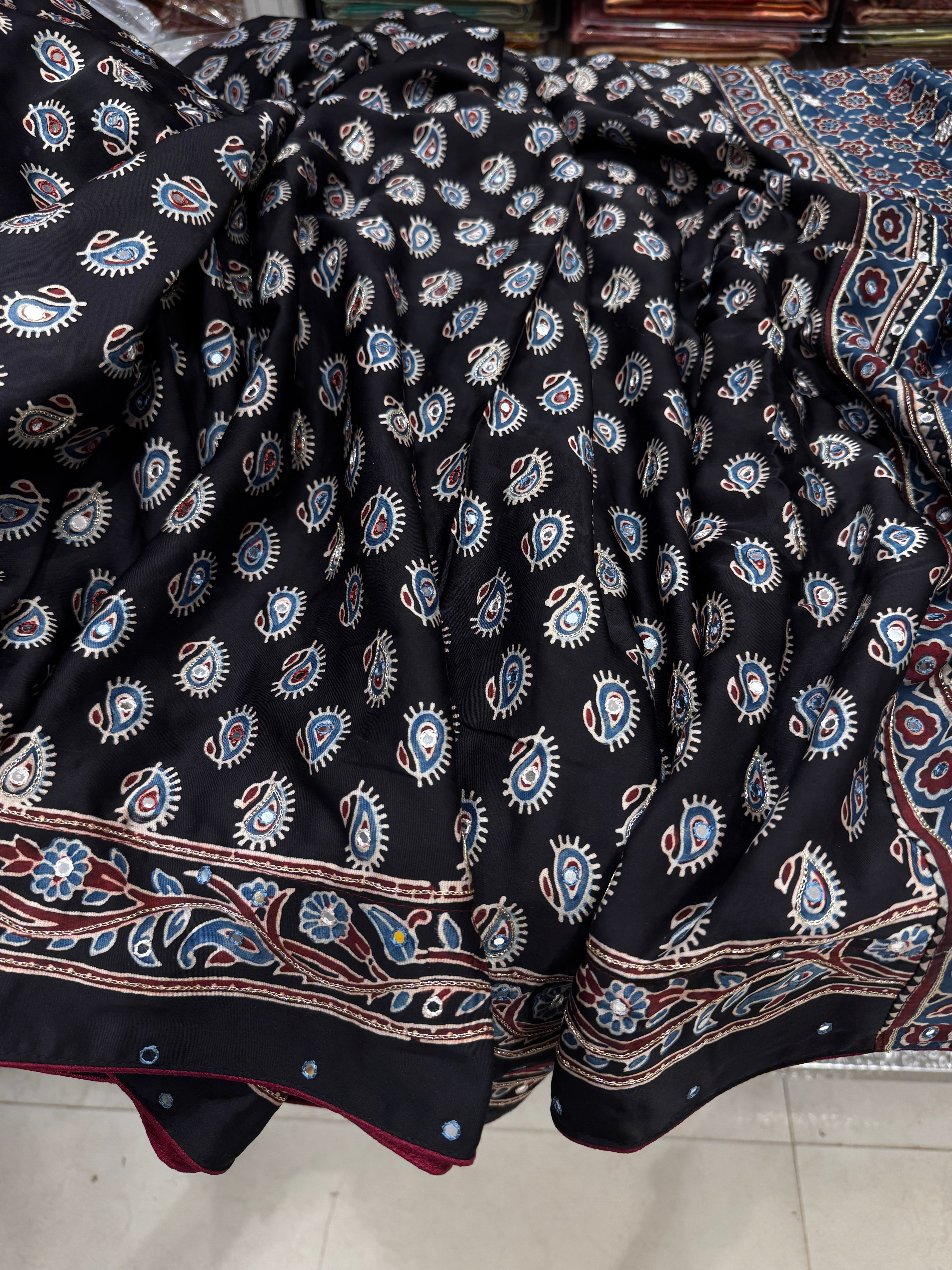 Black Buttis Ajrakh Mirror Hand Embroidery Saree