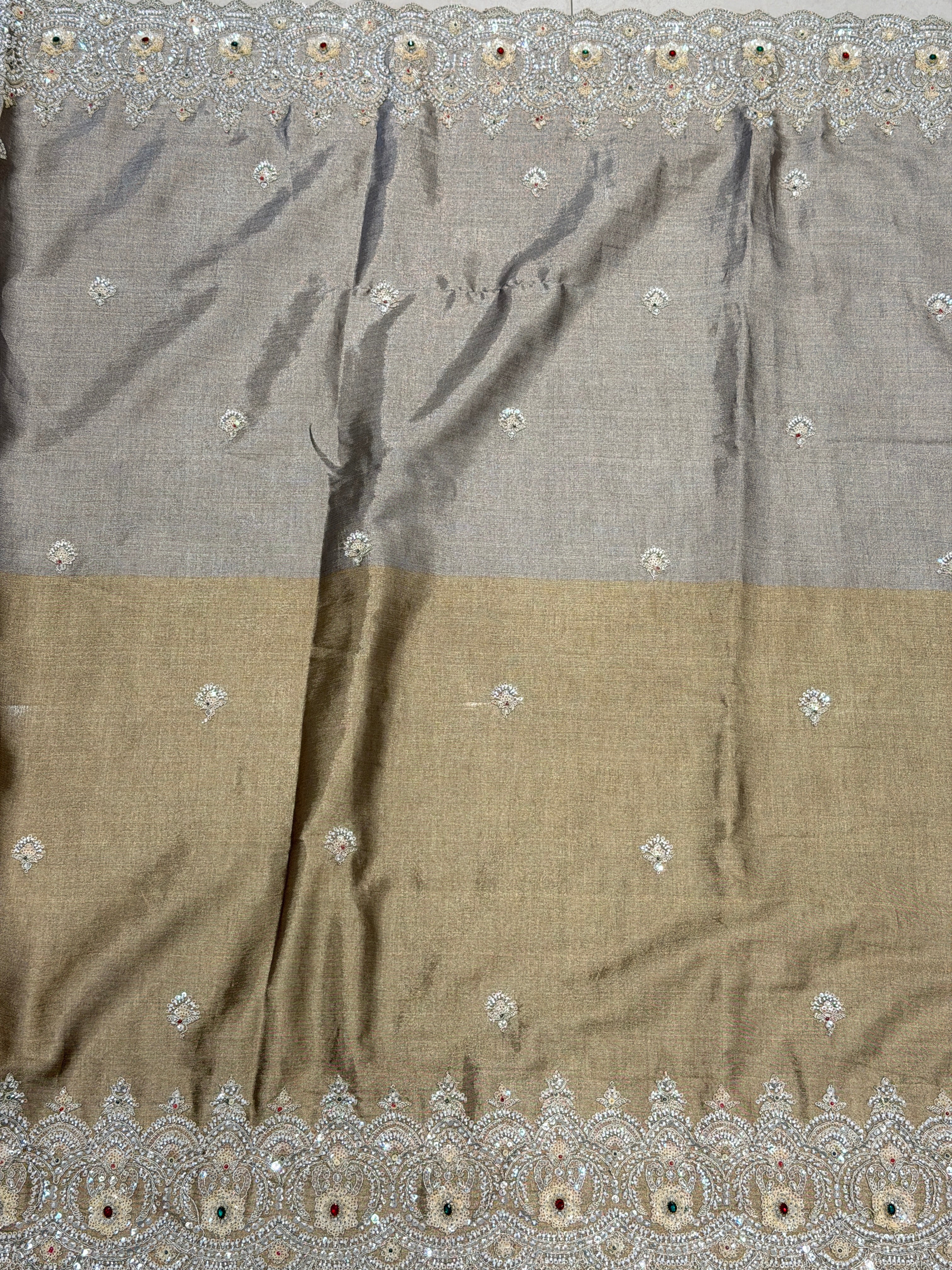 Light Golden Silver Soft Tissue Moti Crystal Embroidery Saree