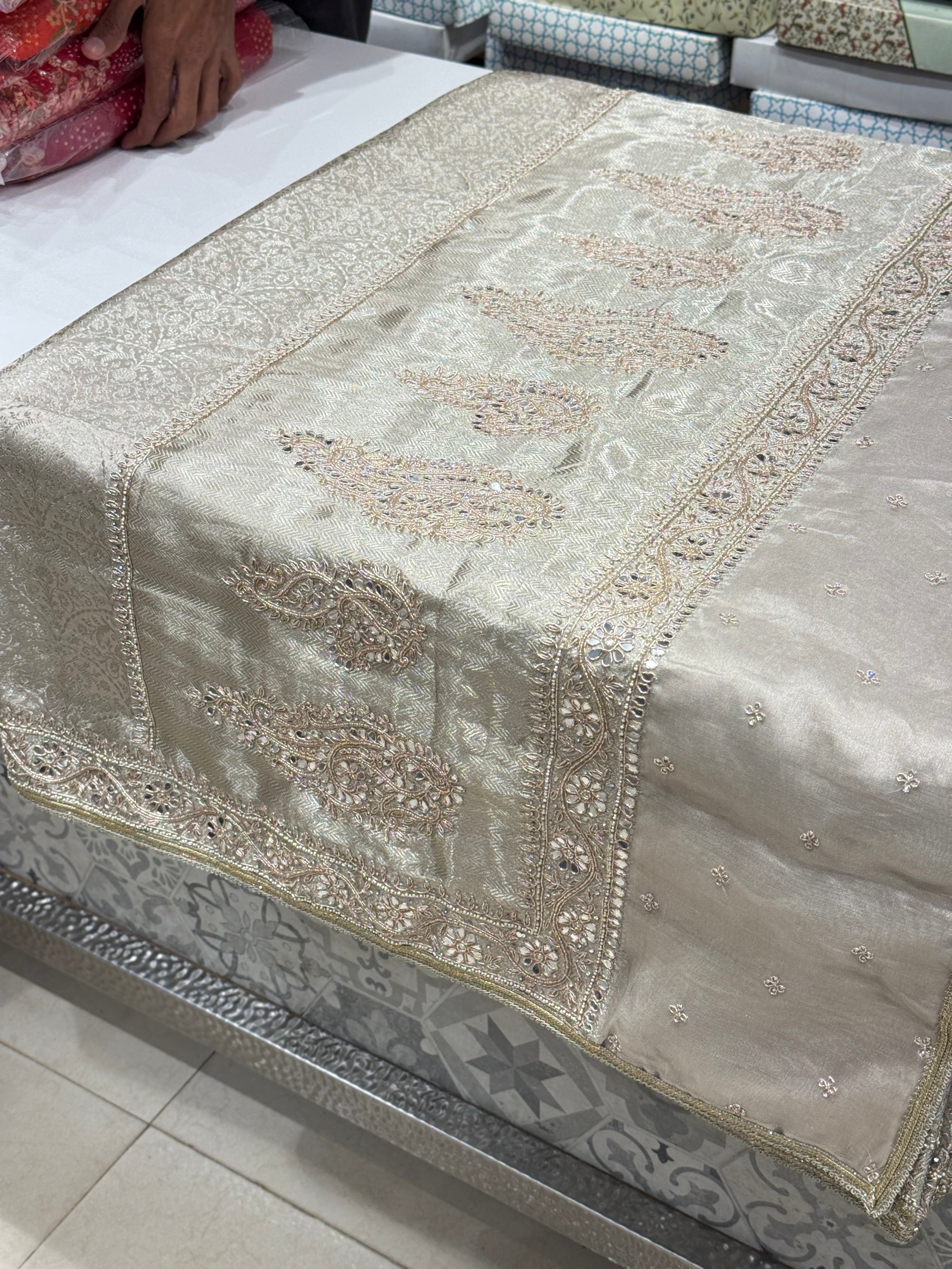 Silver Tissue Kanjivaram Hand Embroidery Saree