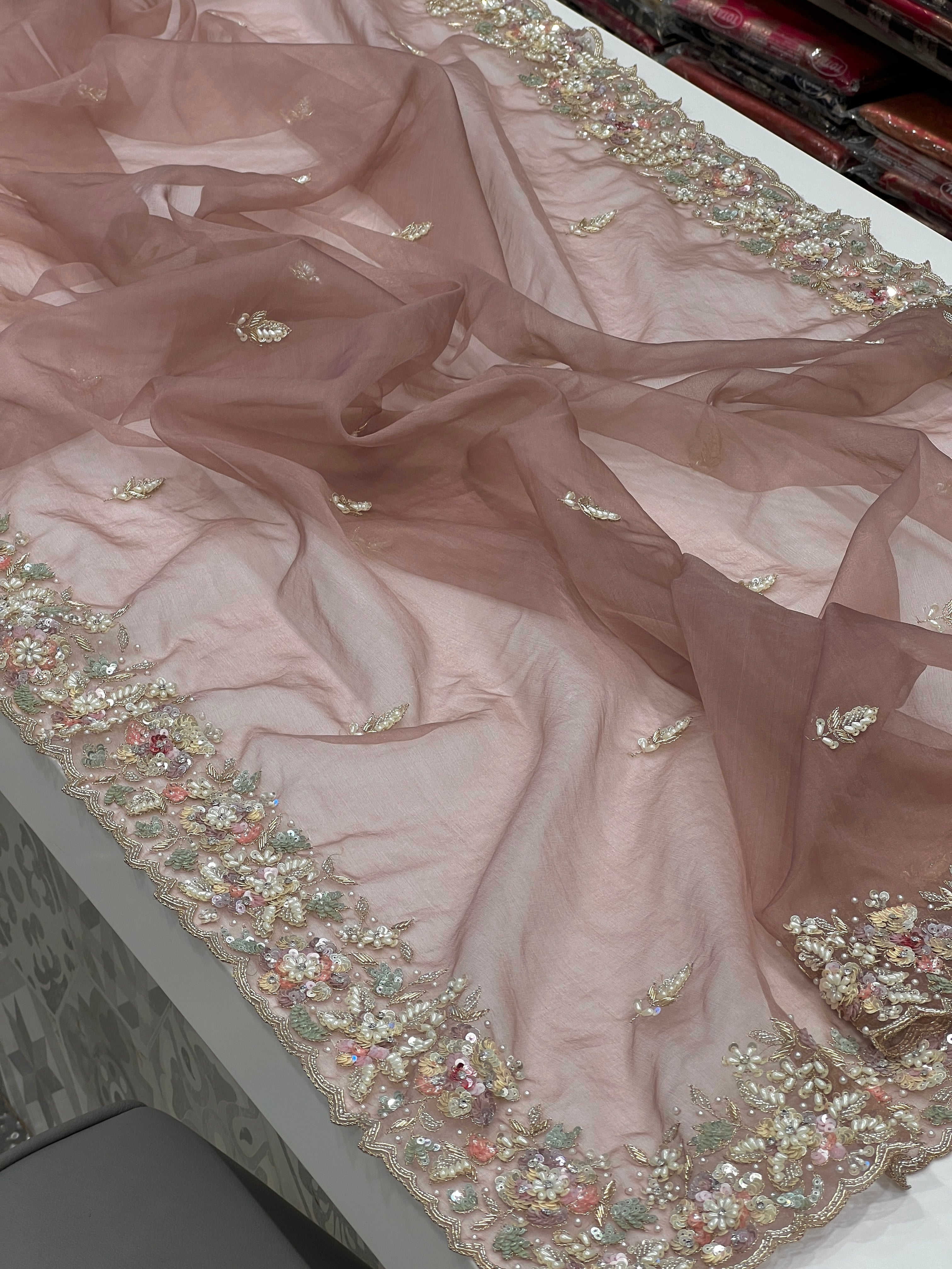 English Brown Organza Hand Embroidery Saree