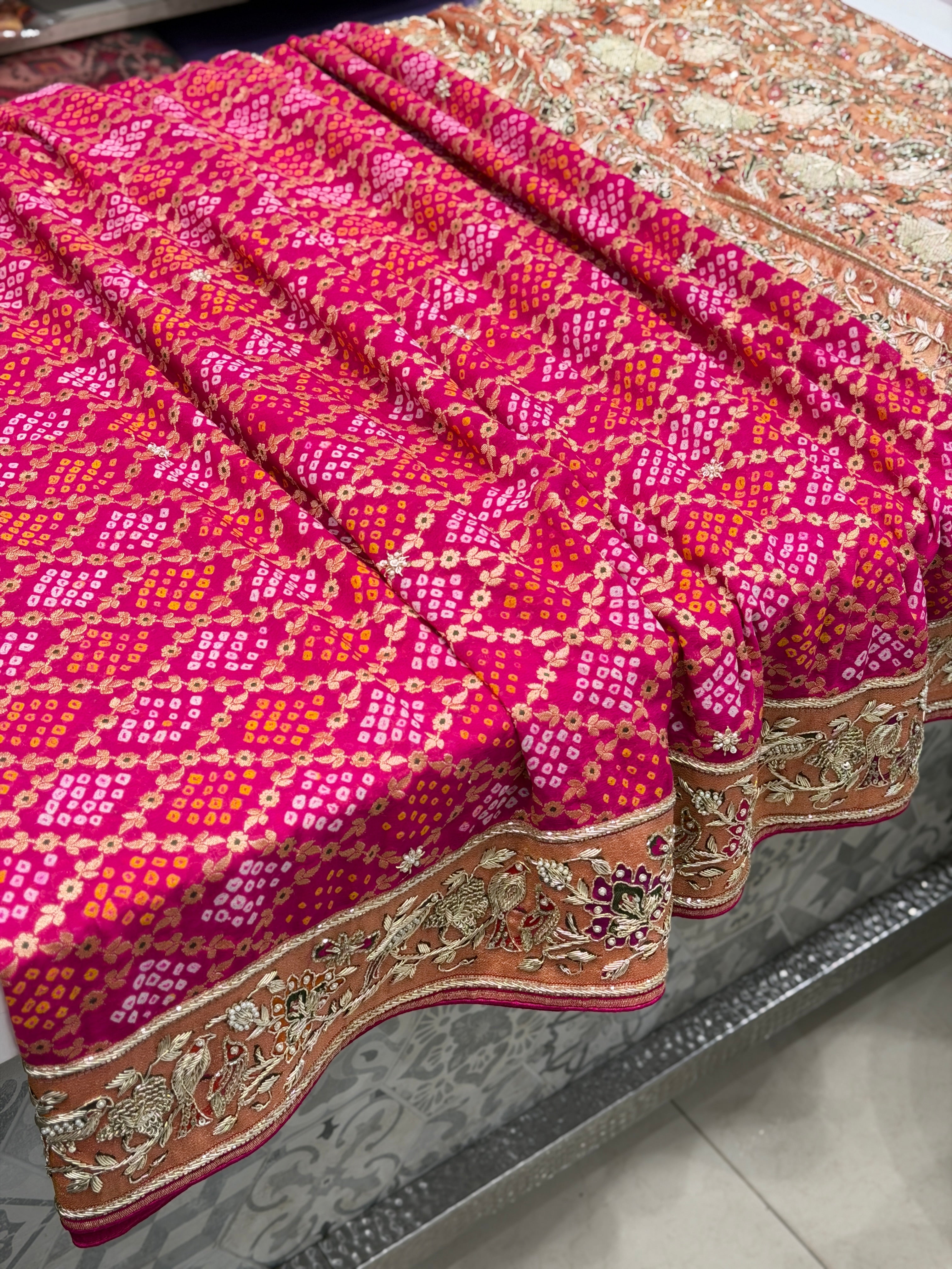 Rani Pink Meenakari Bandhej Zardosi Paithani Style Saree