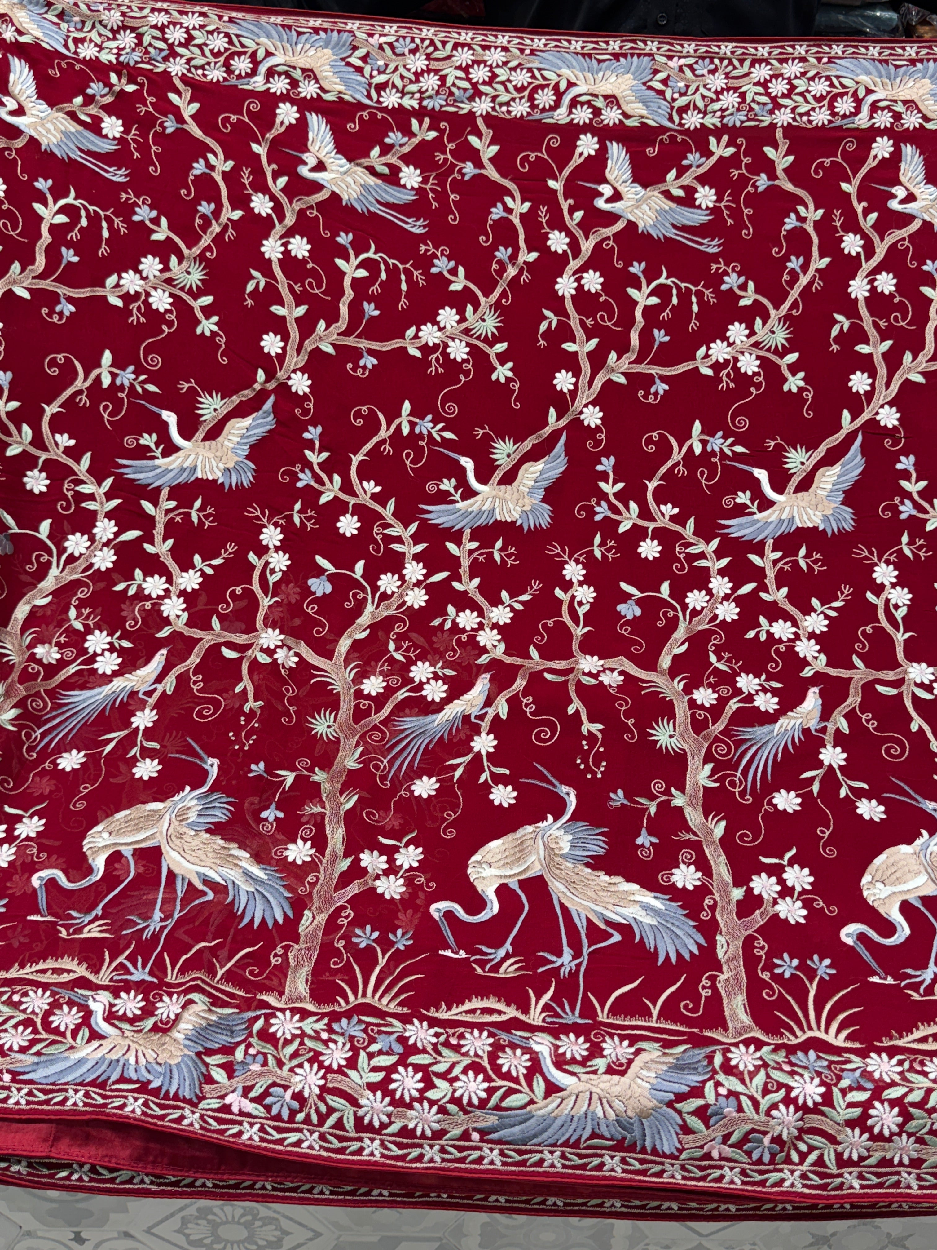 Red Tree Of Life Flamingo Parsi Gara Saree