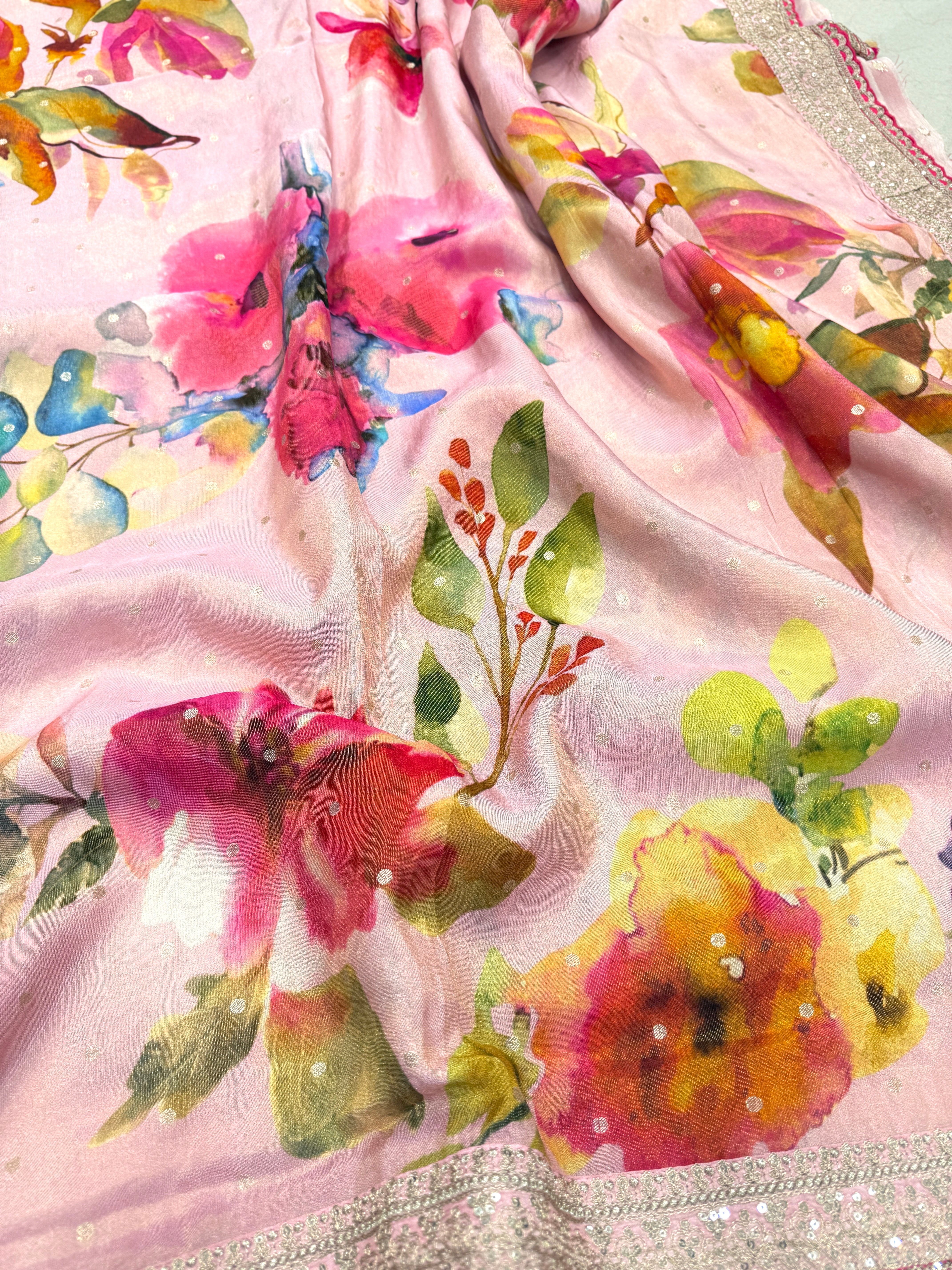Pink Printed Crepe Tissue Sabyasachi Inspired Border Saree