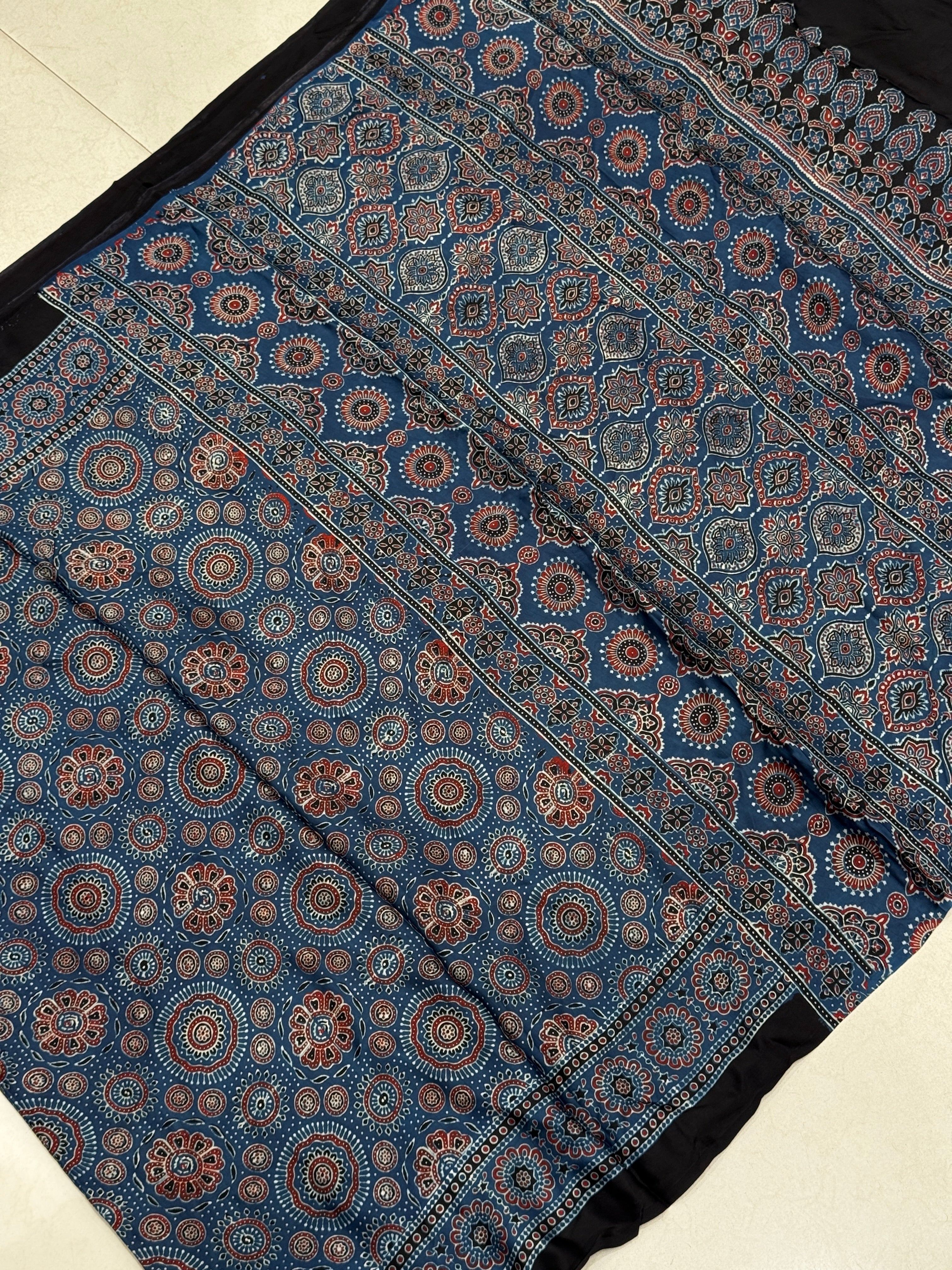 Blue Badam Circle Jaal Ajrakh Block Print Hand Pure Gajji Silk Saree