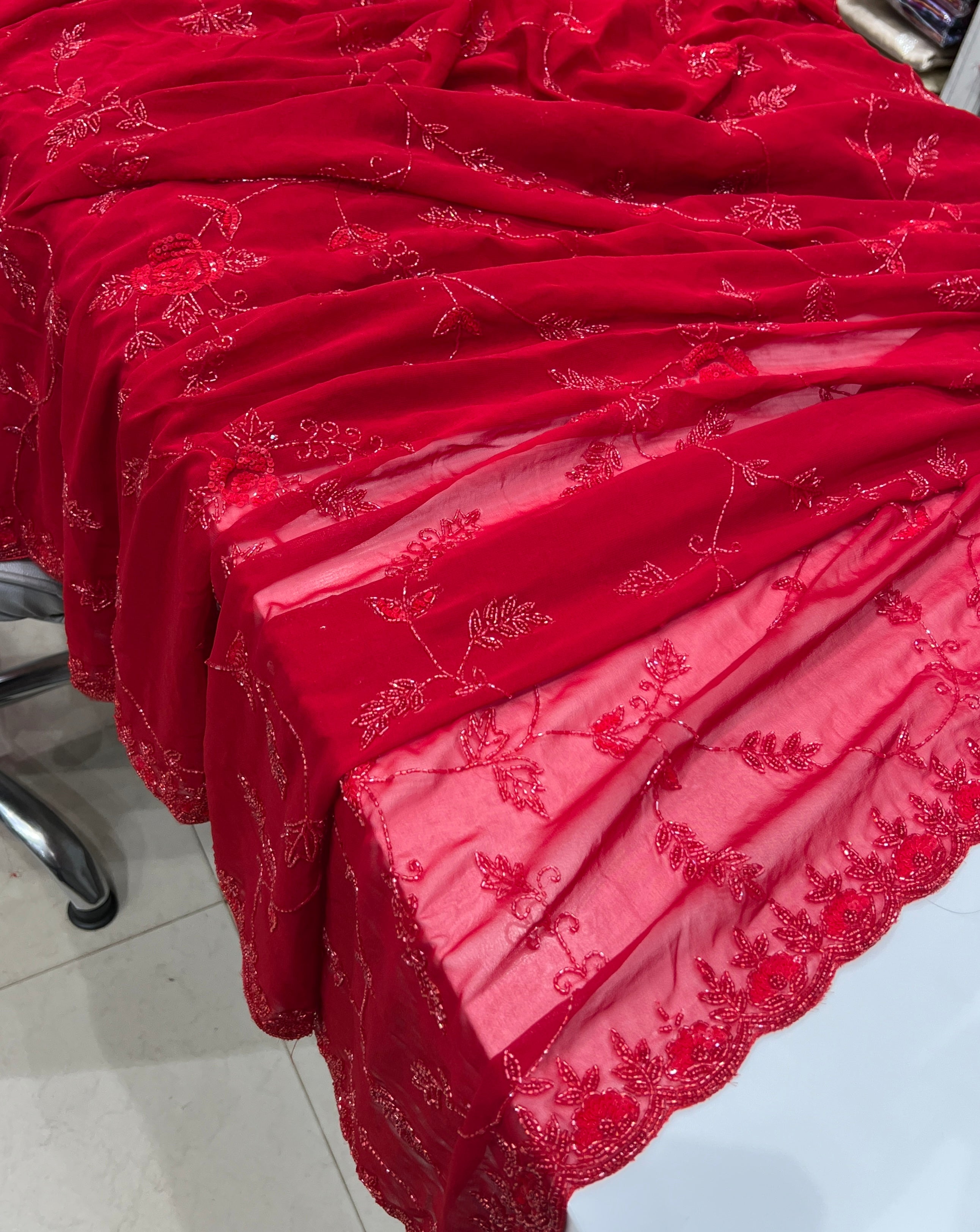 Red on Red Georgette Hand Embroidered Jaal