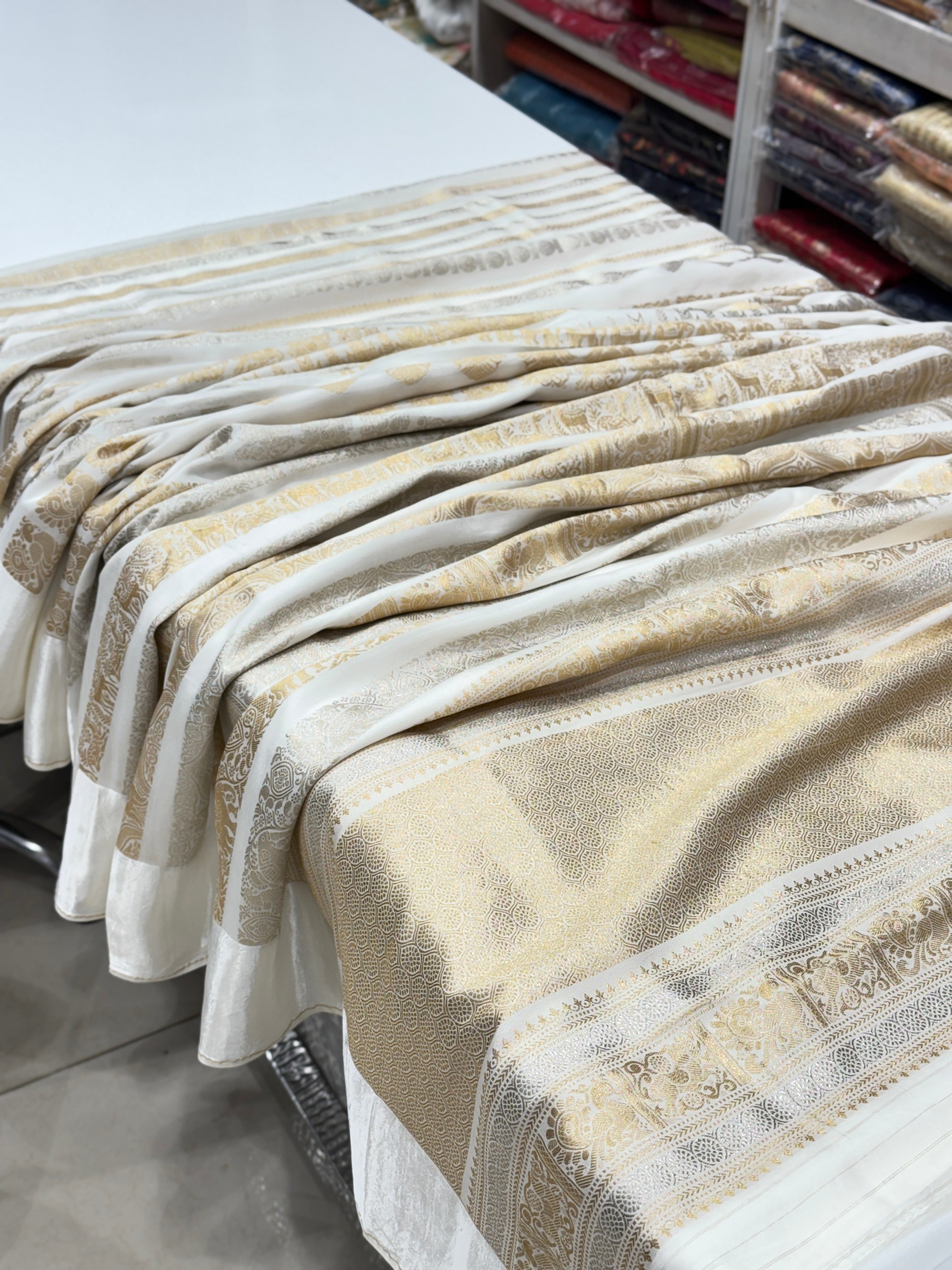 Nita Ambani Inspired White Contemporary Banarasi Saree