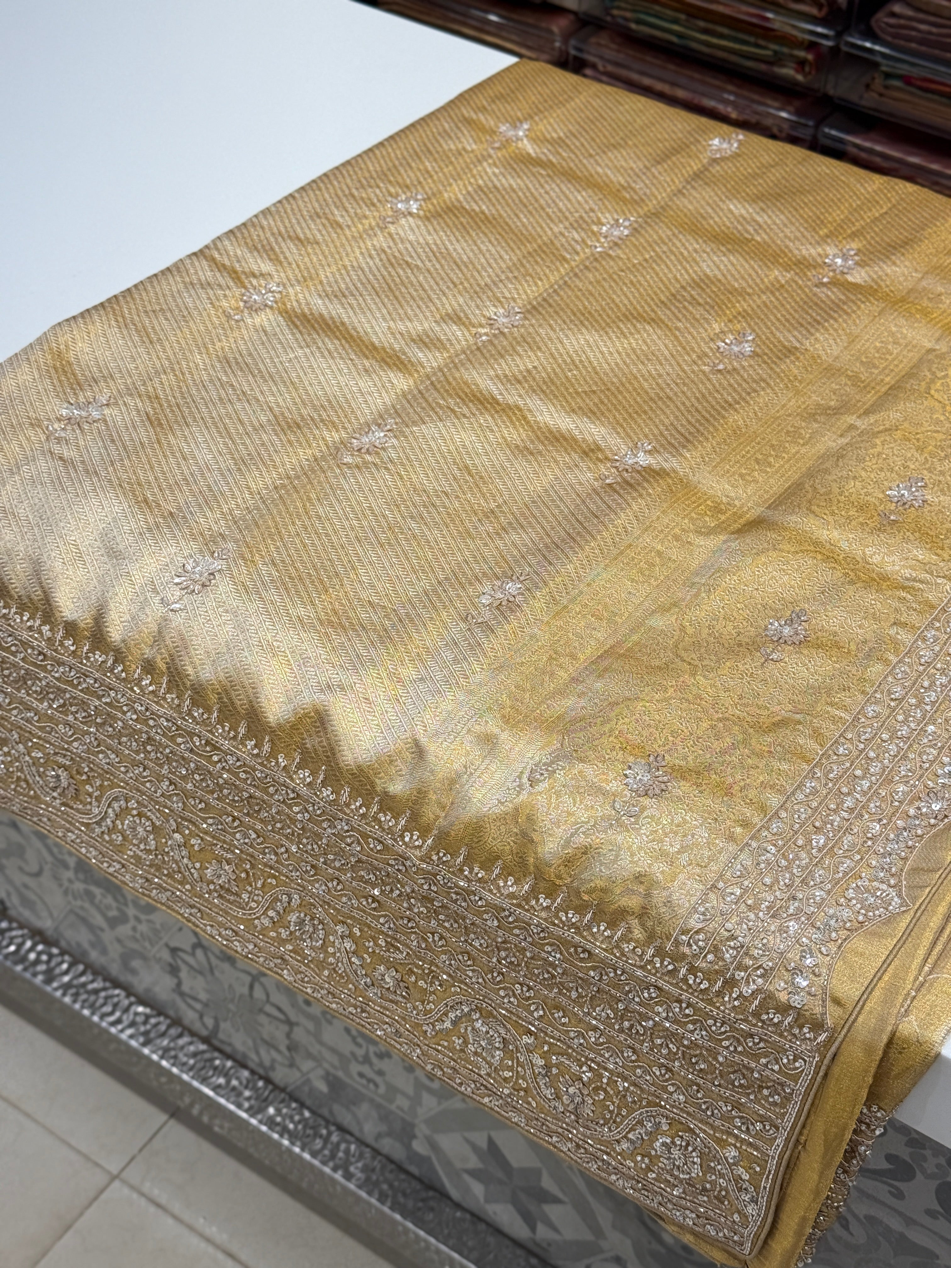 Gold Tissue Zardosi Moti Kanjivaram Hand Embroidery Saree