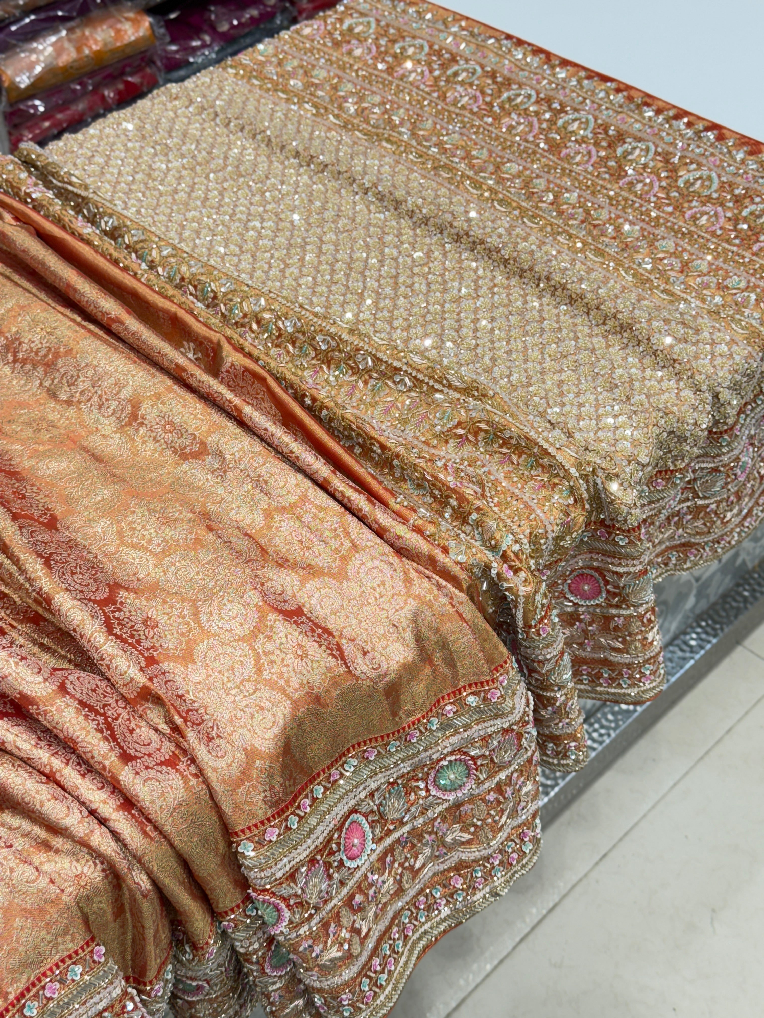 Red Gold Tissue Kanjivaram Hand Embroidery Saree