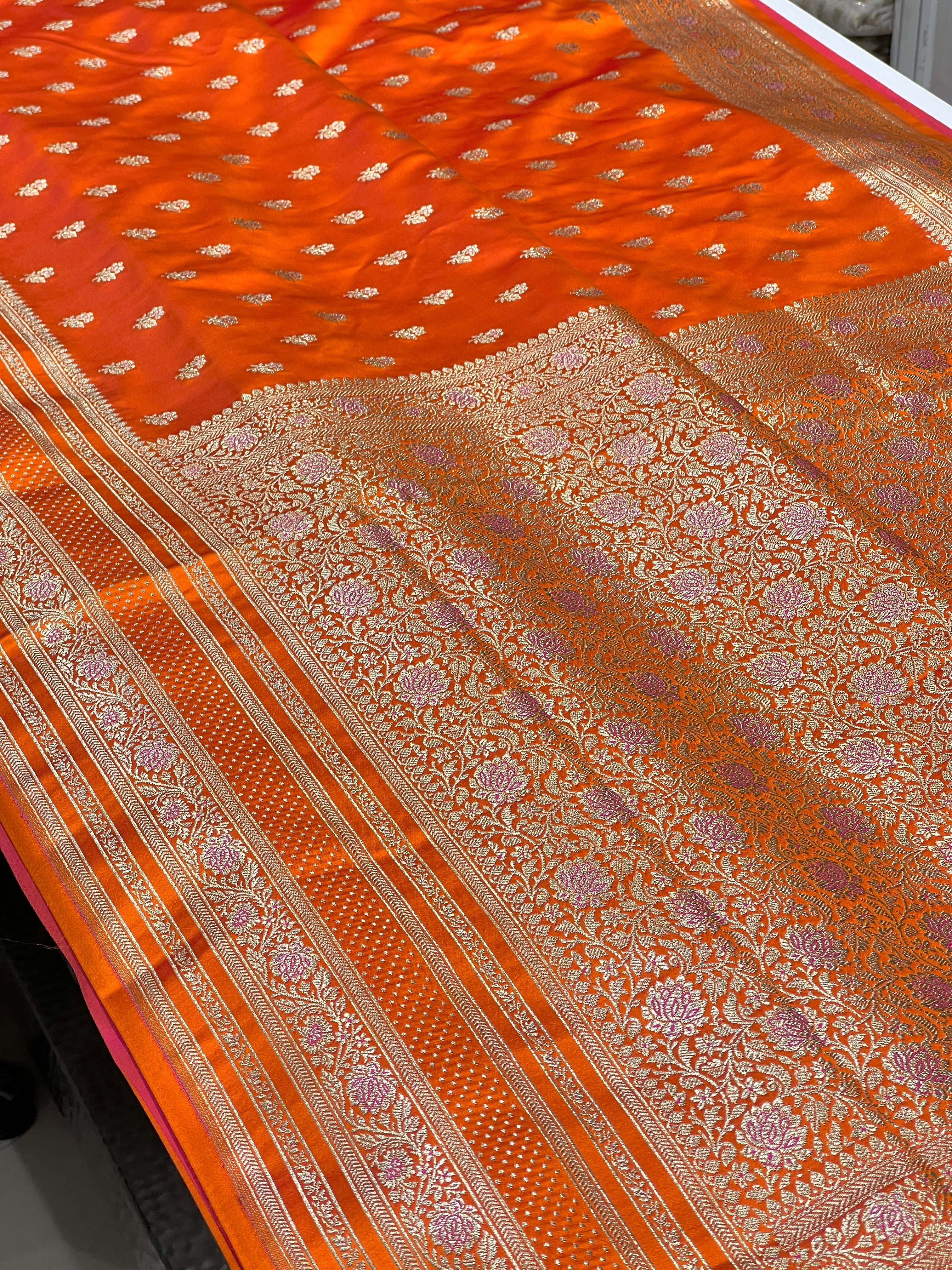 Orange Banarasi Silk Big Border Butti Saree