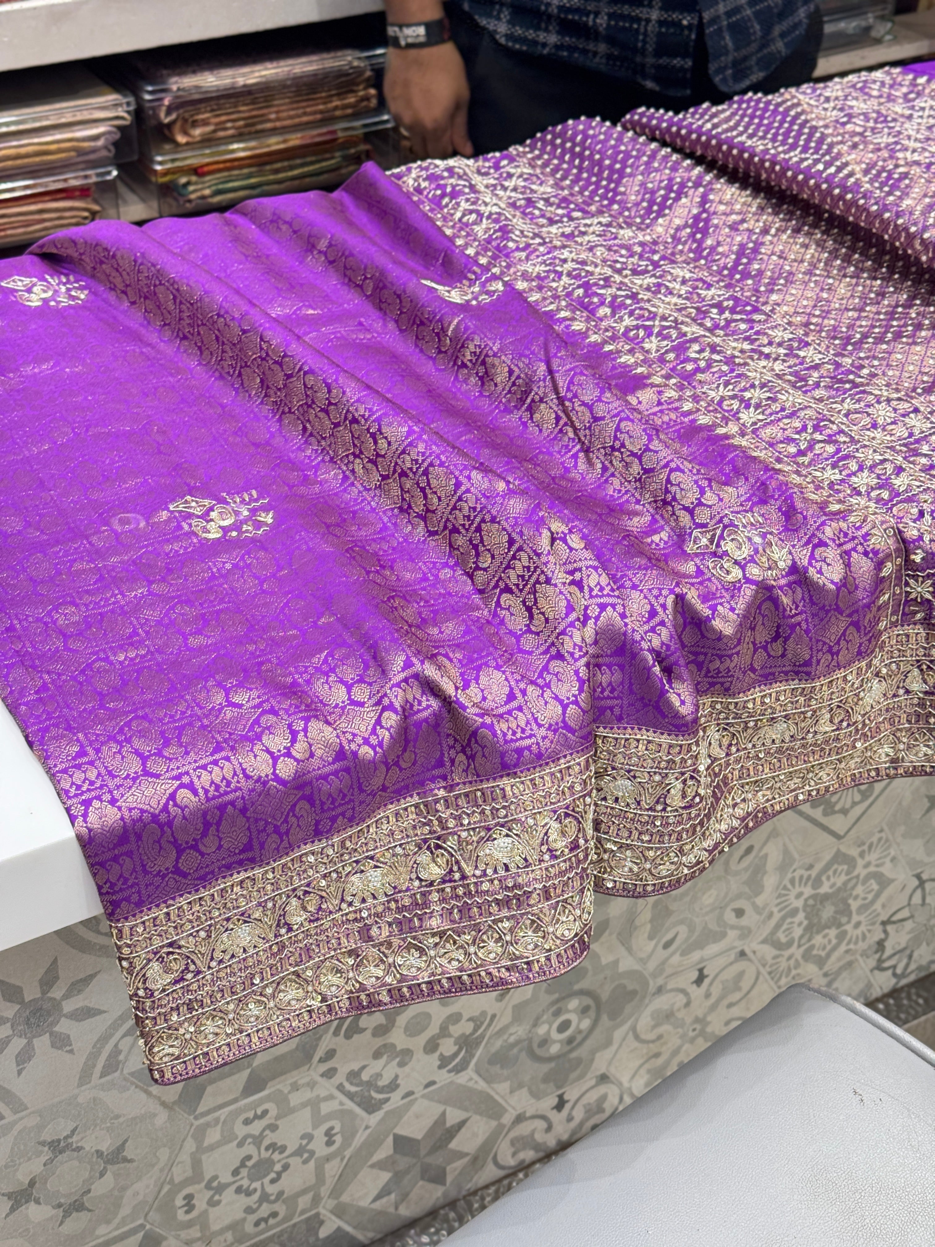 Violet Kanjivaram Peacock Motif Zardozi Hand Embroidery Saree