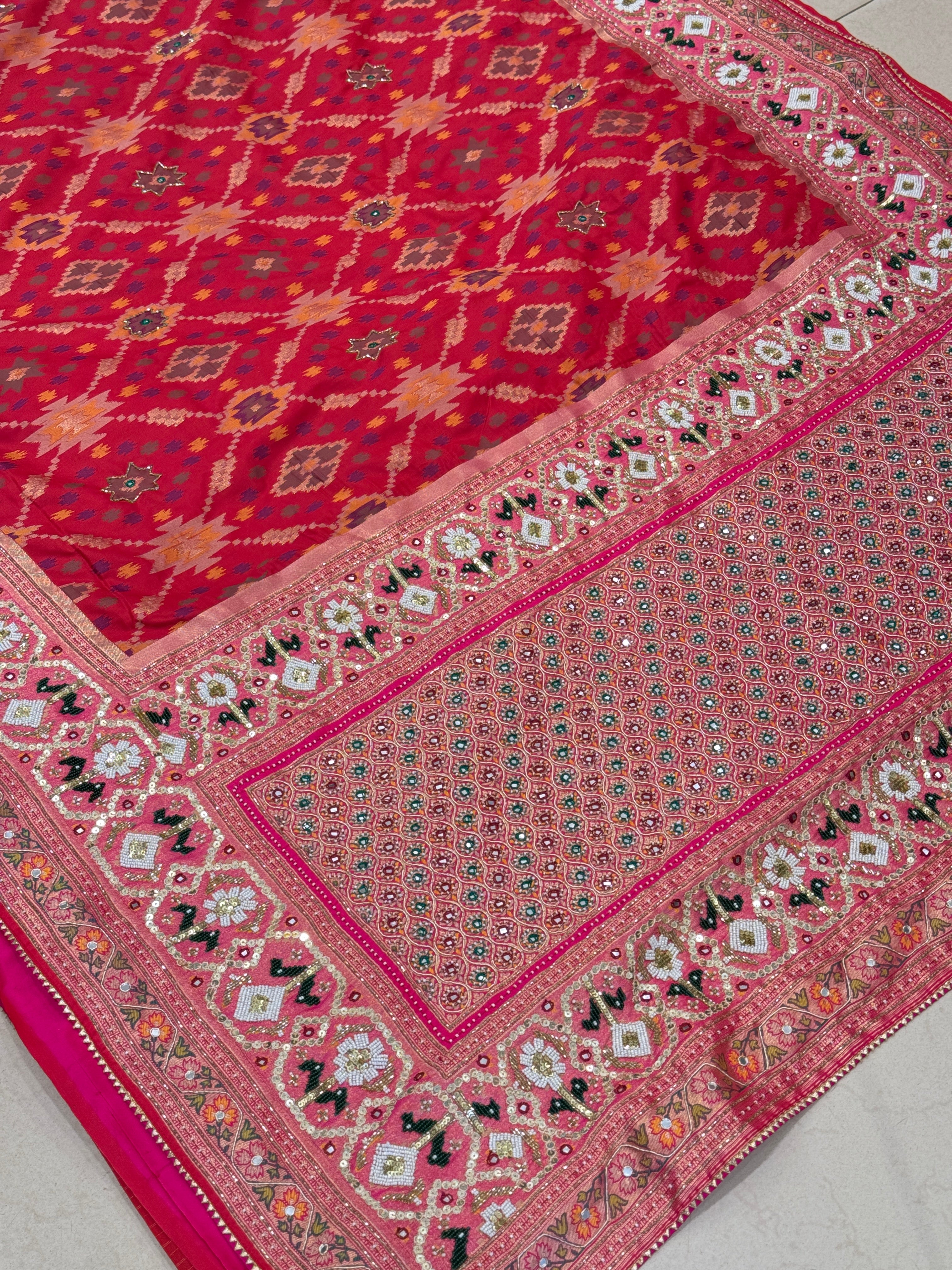 Red Patola Kutchi Moti Embroidery Saree