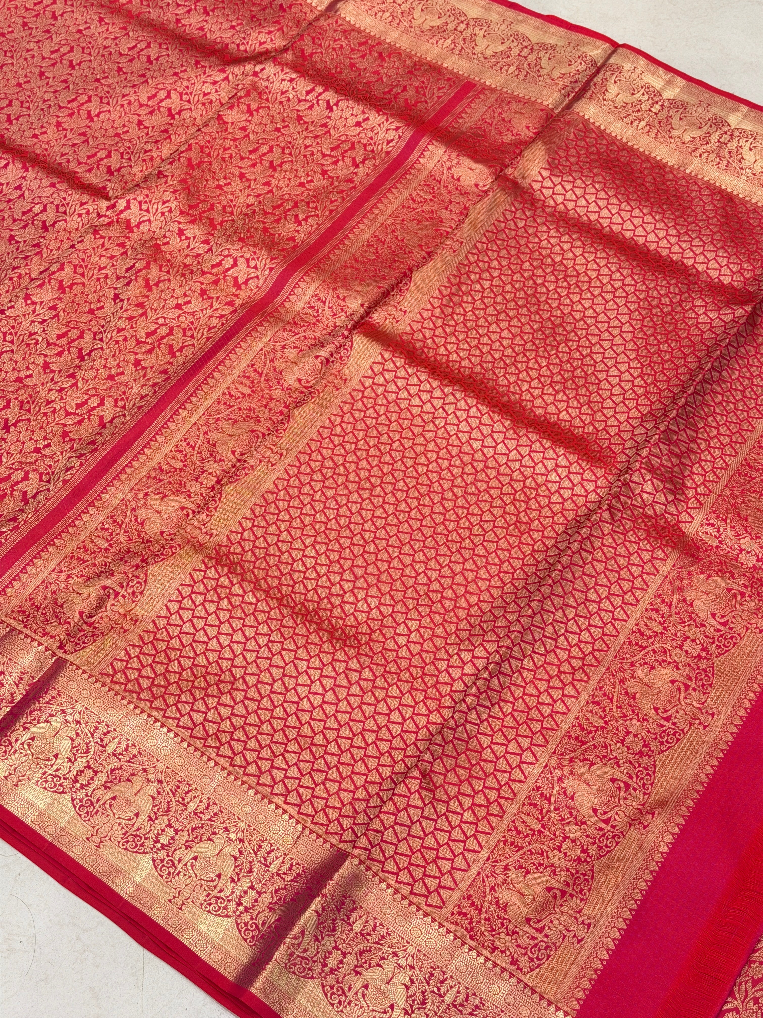 Cross Red Pure Silk Parrot Motifs Kanjivaram Saree