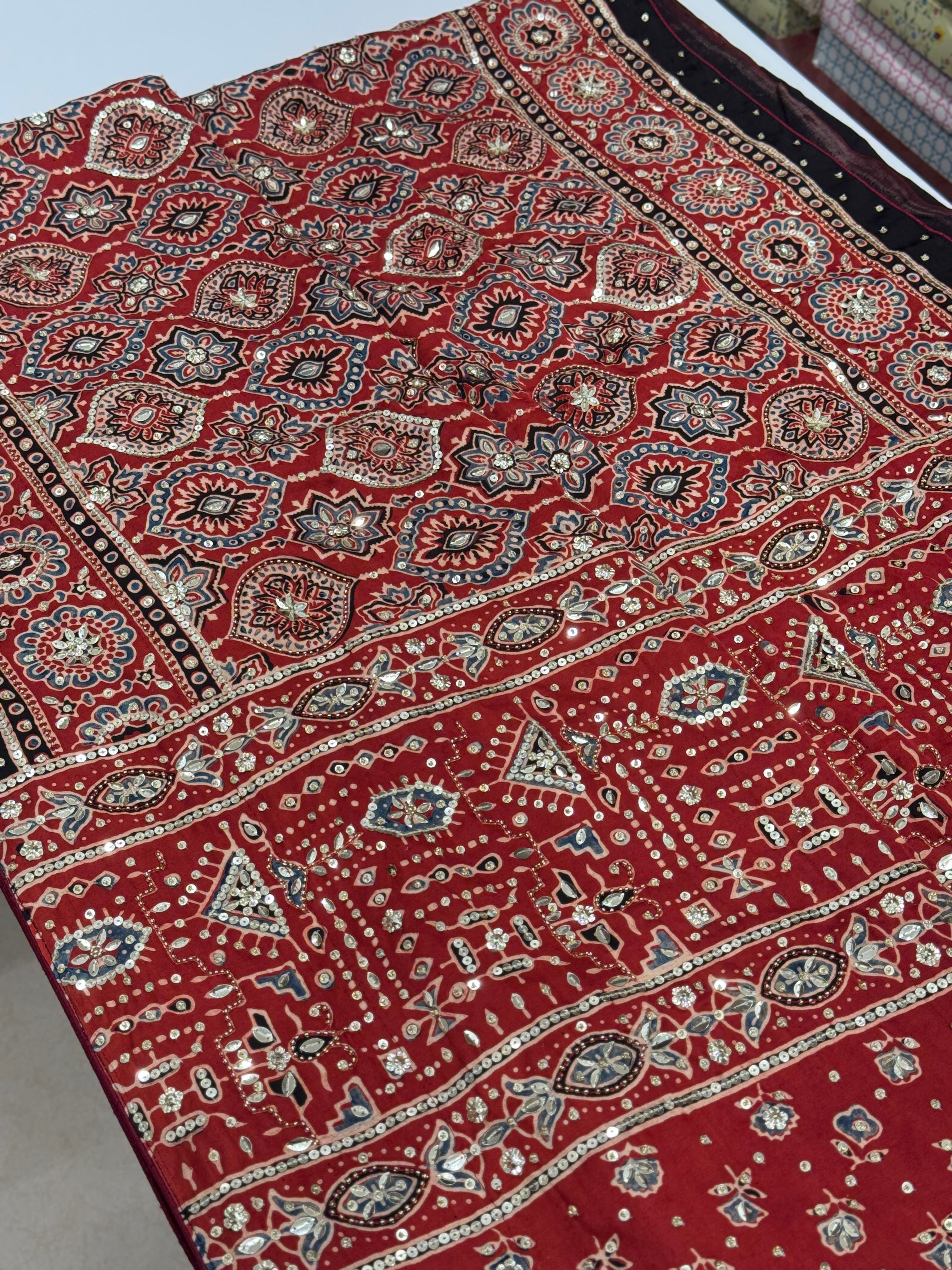Red Ajrakh Badam Buttas Sequin Moti Hand Embroidery Saree