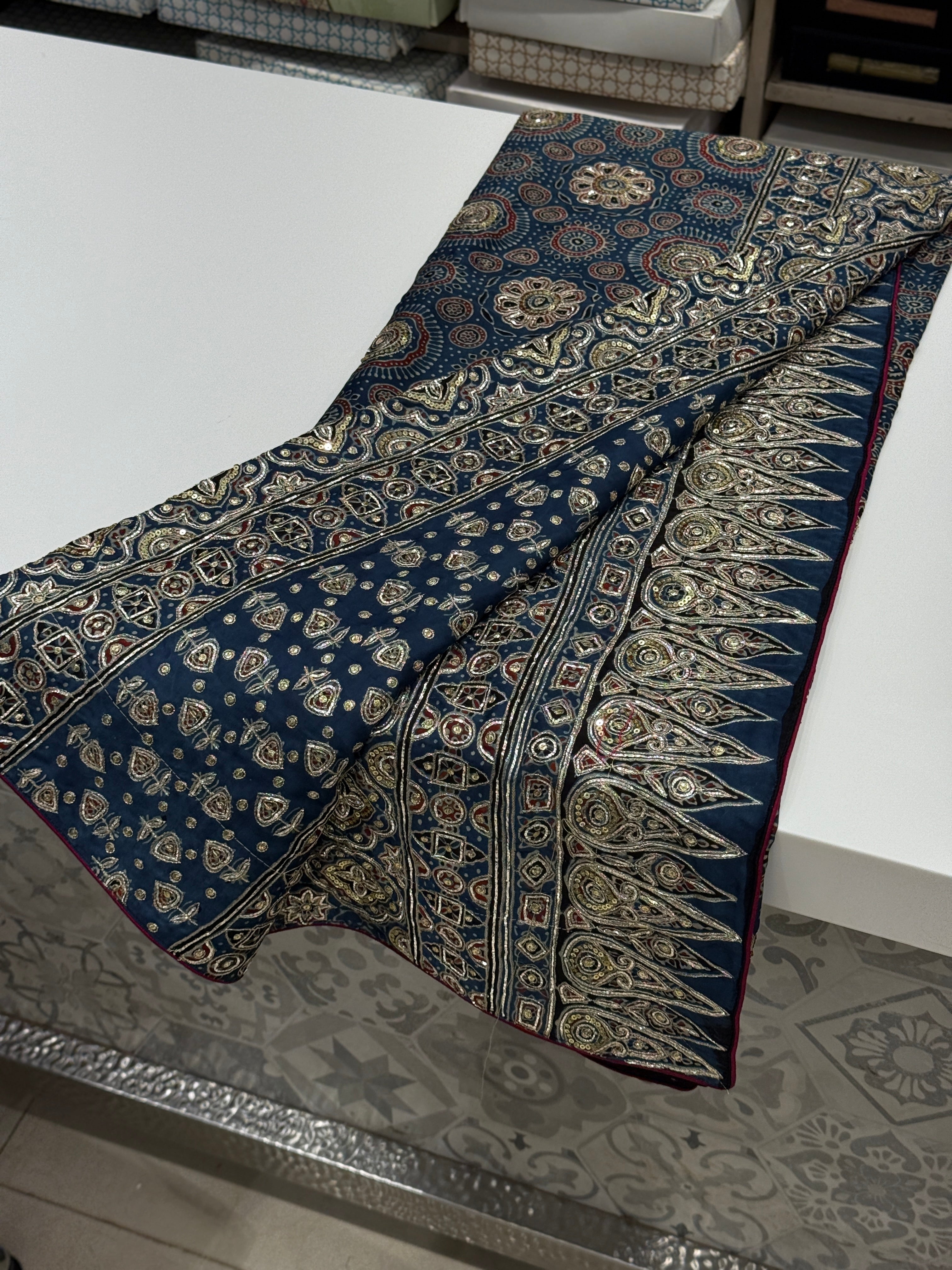 Blue Ajrakh Badam Buttas Pita Sequin Moti Hand Embroidery Saree