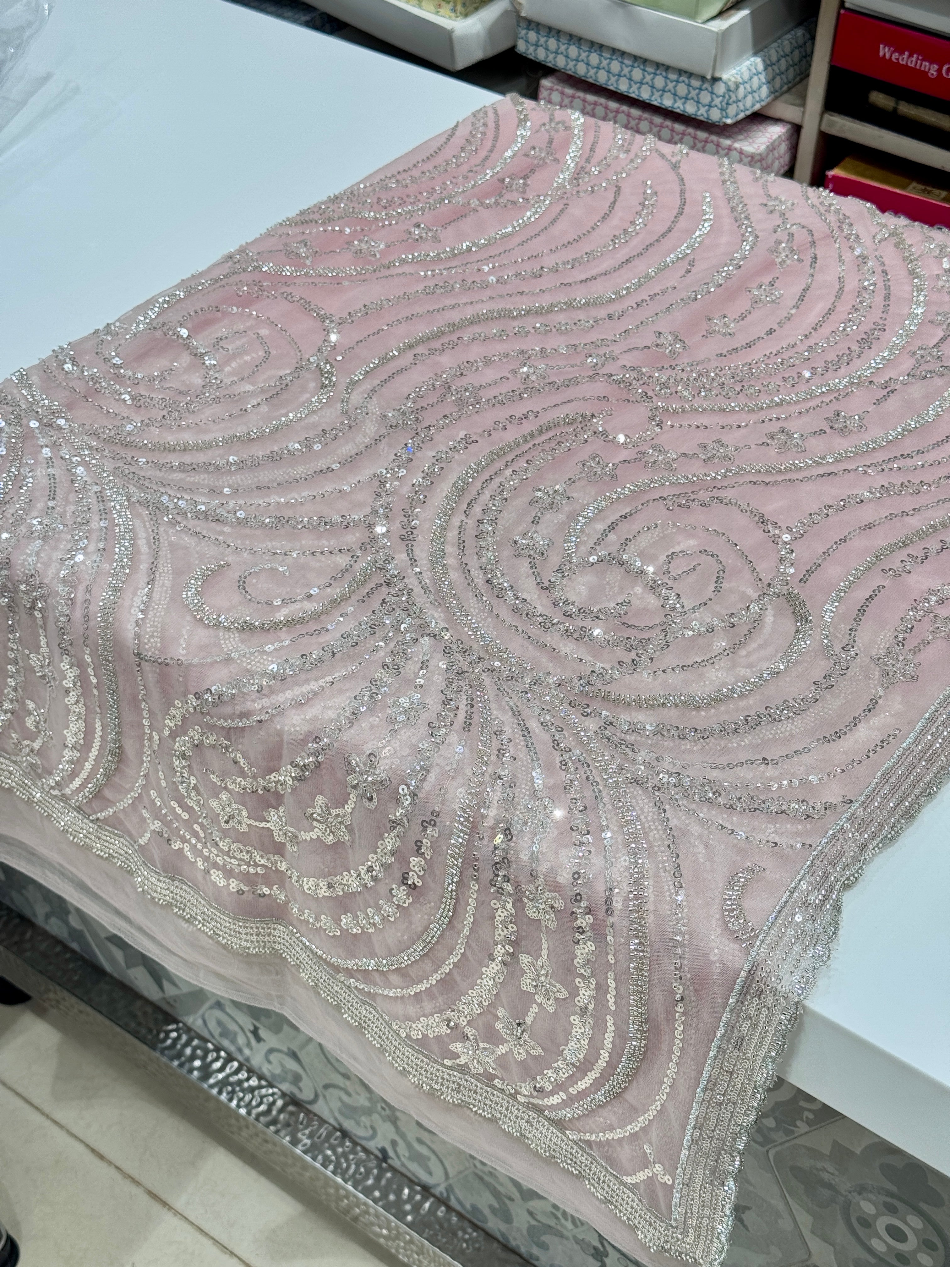 Pink Soft Net Sequin Moti Embroidery Saree