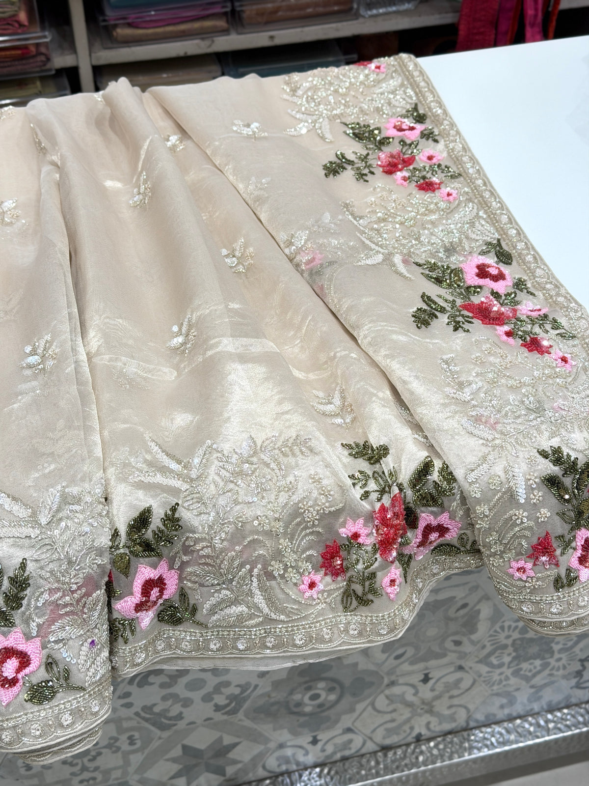Silver Pure Tissue Silk Sequin Zardosi Three D Hand Embroidery Floral Border Saree