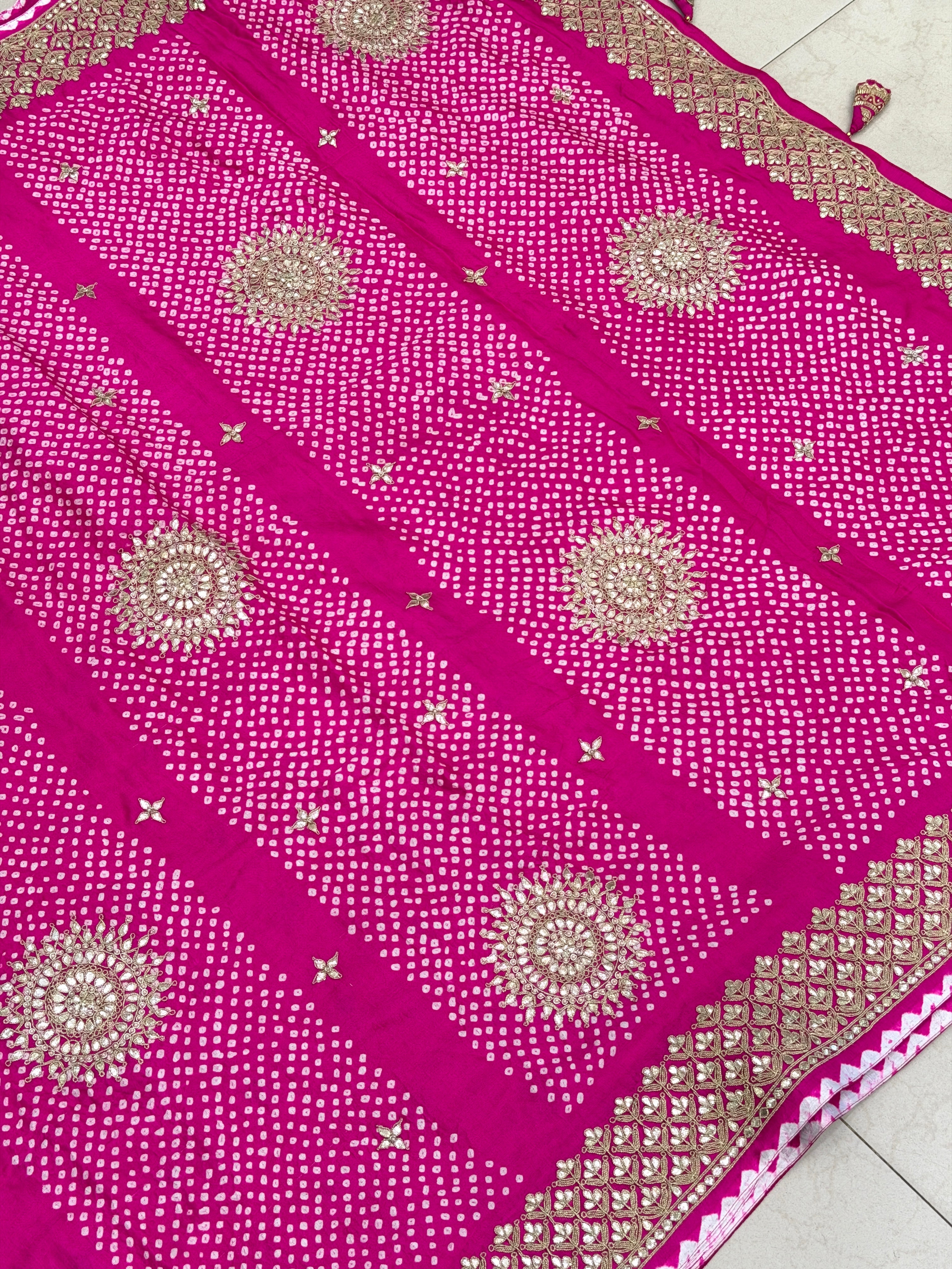 Rani Pink Gajji Silk Rai Bandhej Marodi Hand Embroidery Dabka Saree